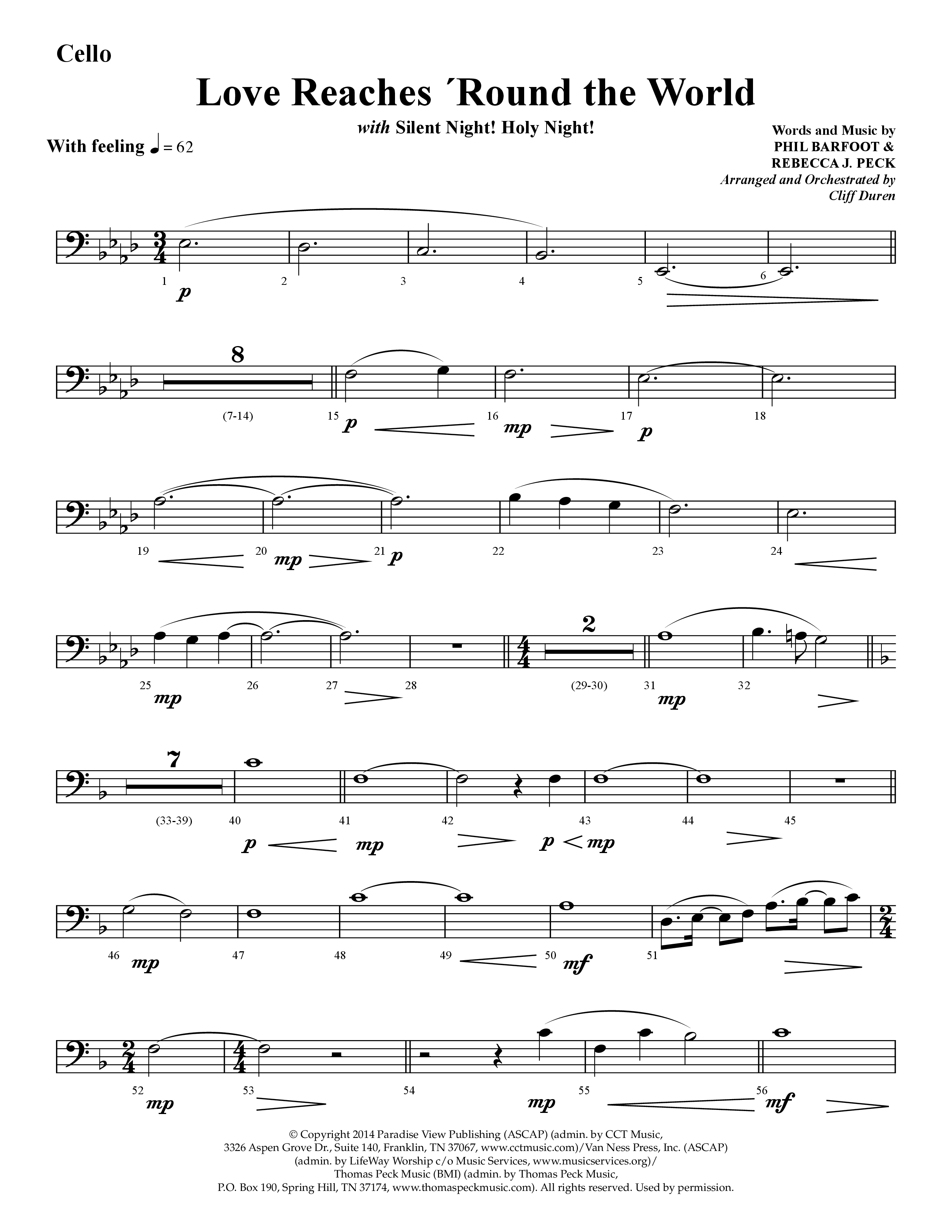 Love Reaches 'Round the World (with Silent Night! Holy Night!) (Choral Anthem SATB) Cello (Lifeway Choral / Arr. Cliff Duren)