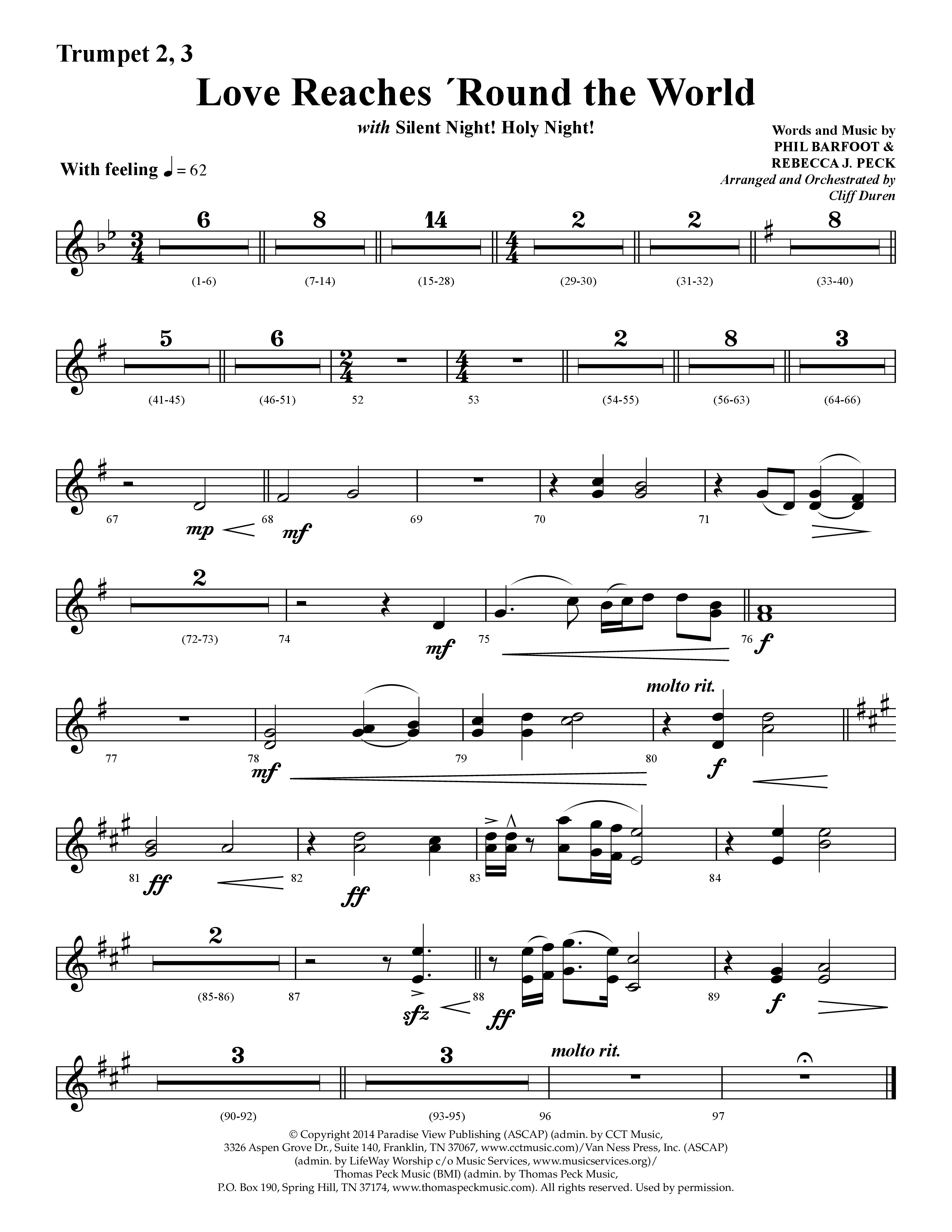 Love Reaches 'Round the World (with Silent Night! Holy Night!) (Choral Anthem SATB) Trumpet 2/3 (Lifeway Choral / Arr. Cliff Duren)
