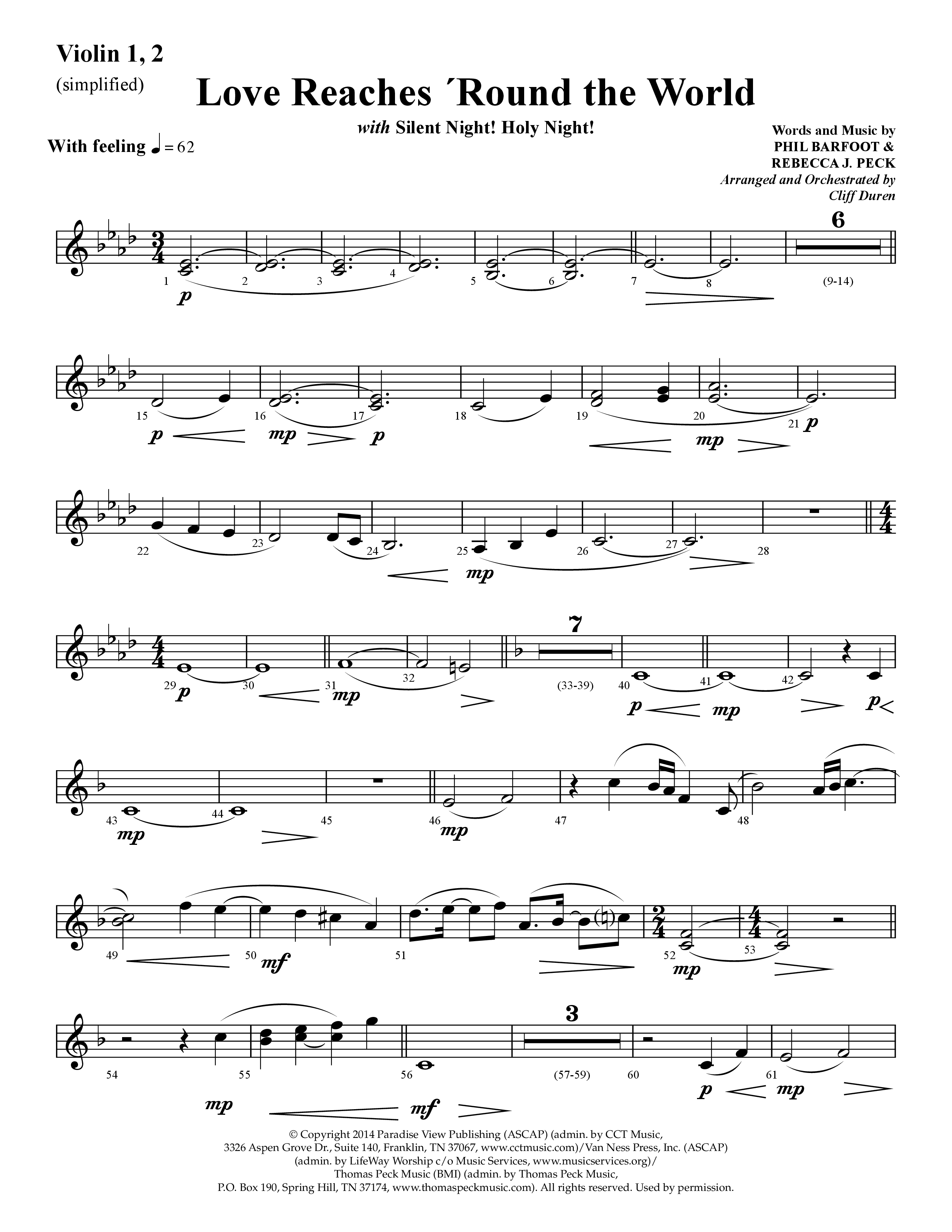 Love Reaches 'Round the World (with Silent Night! Holy Night!) (Choral Anthem SATB) Violin 1/2 (Lifeway Choral / Arr. Cliff Duren)