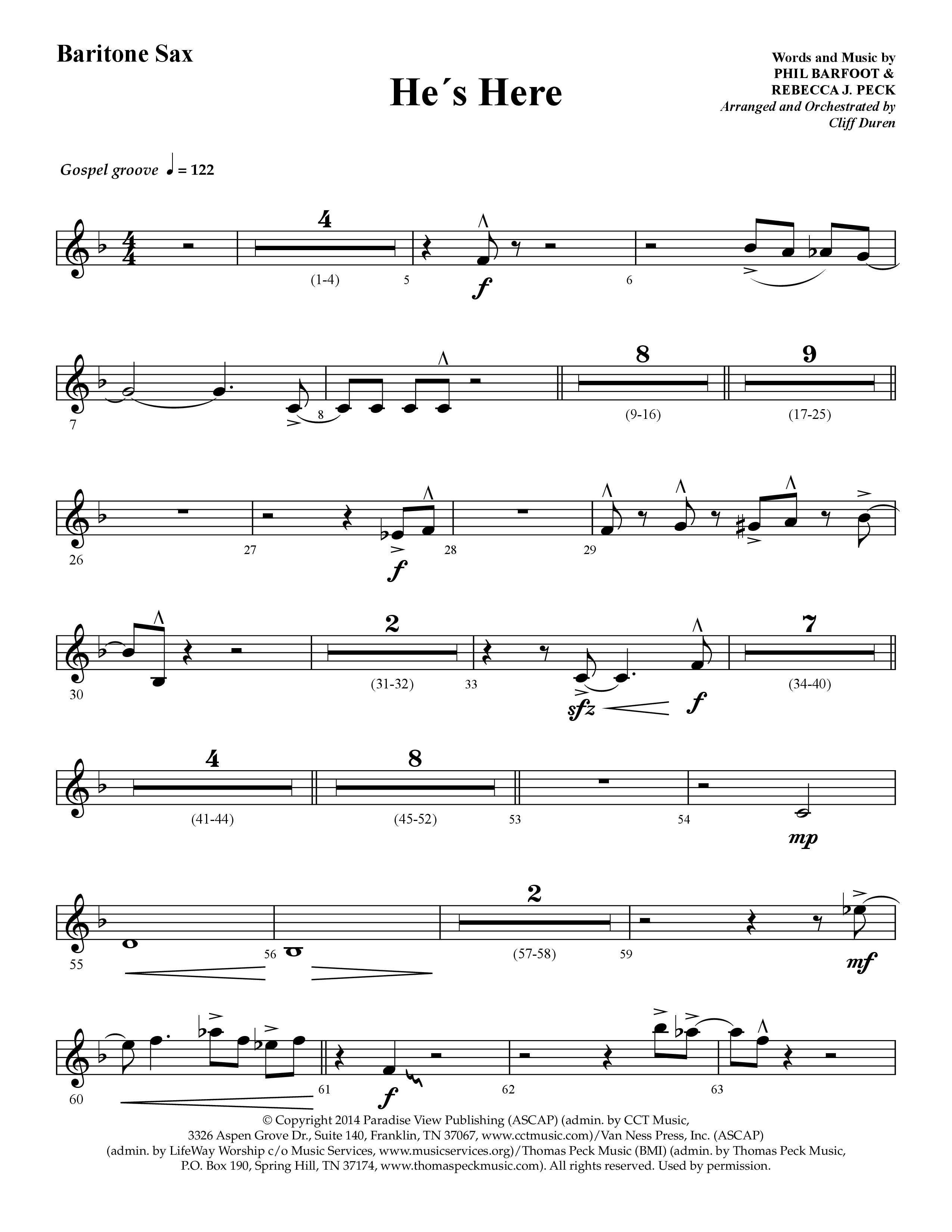 He's Here (Choral Anthem SATB) Bari Sax (Lifeway Choral / Arr. Cliff Duren)