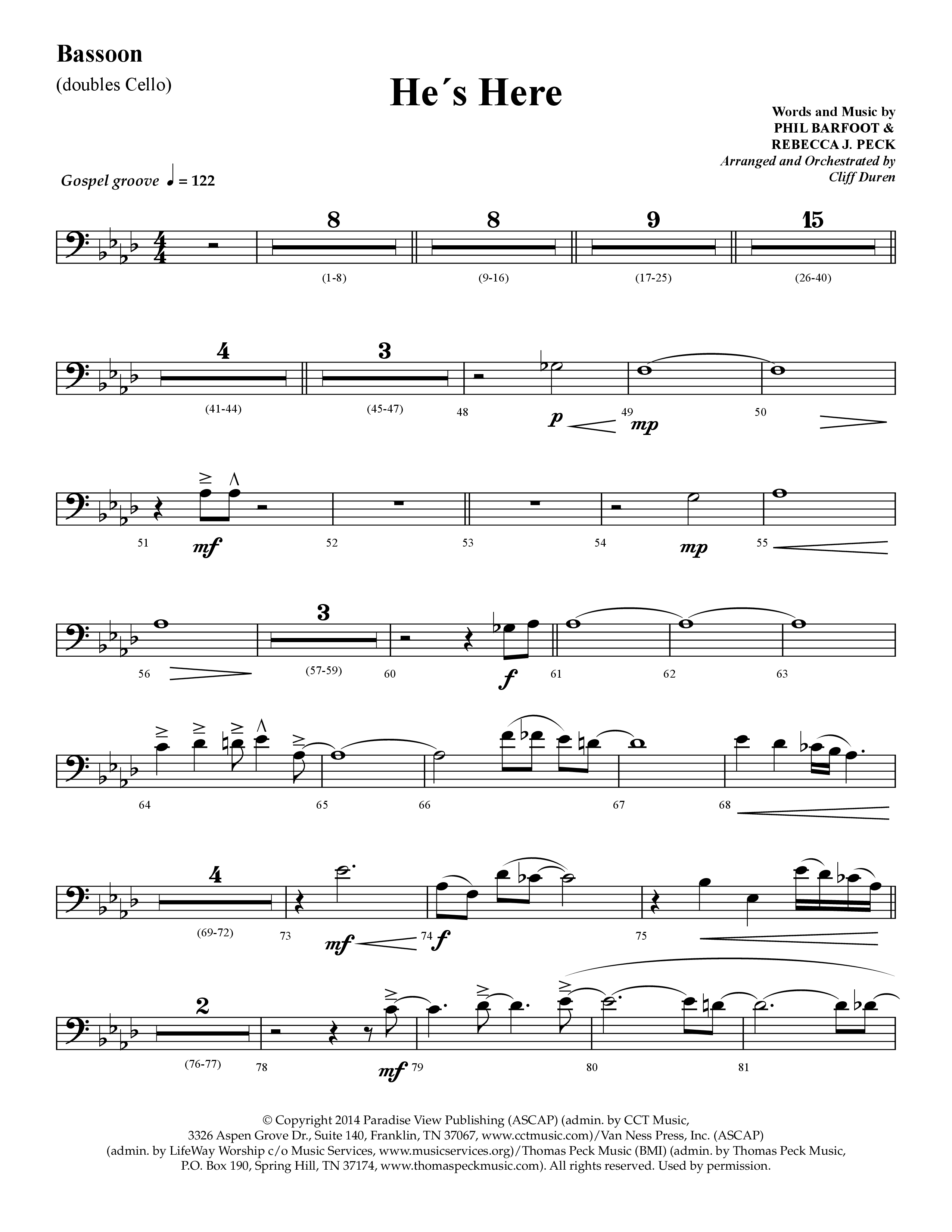 He's Here (Choral Anthem SATB) Bassoon (Lifeway Choral / Arr. Cliff Duren)