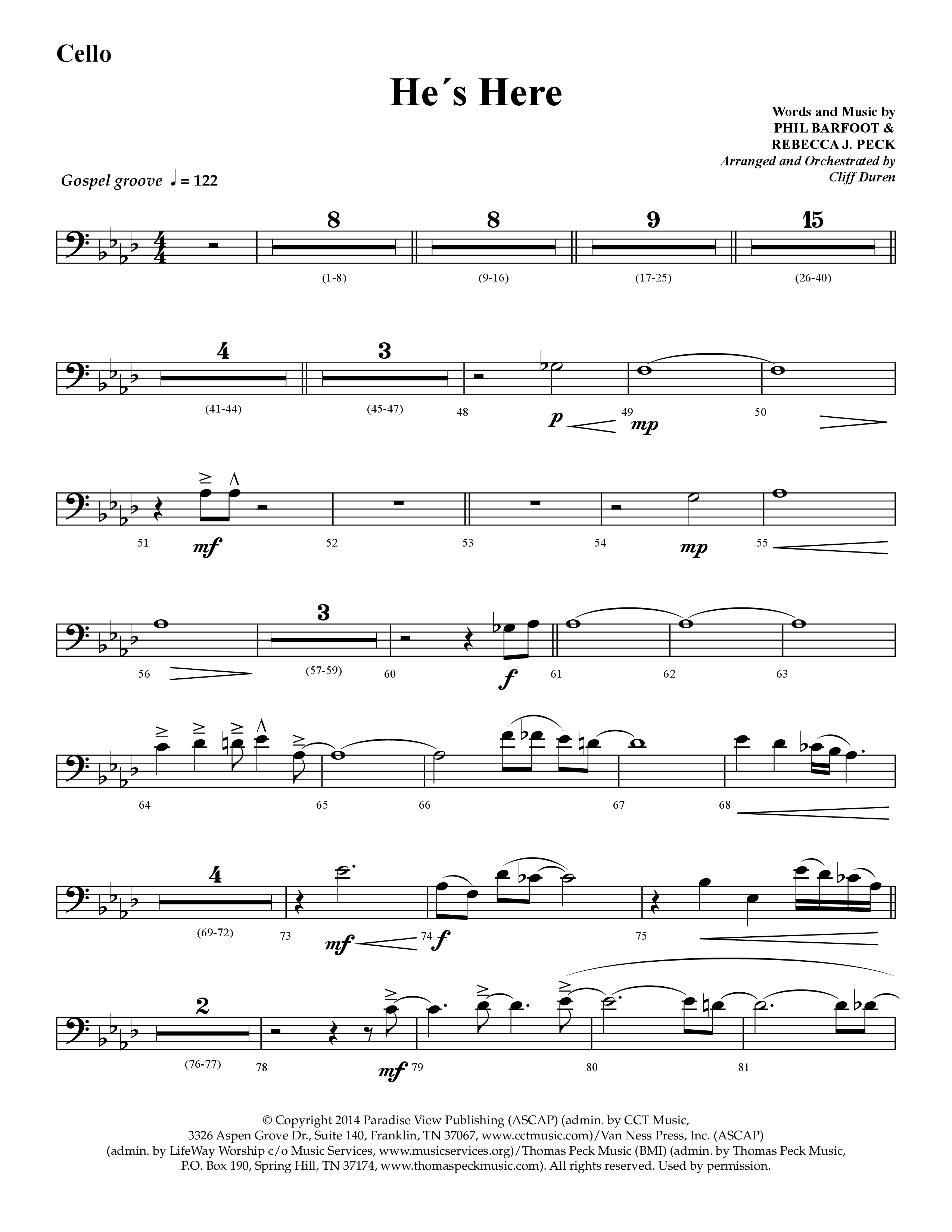 He's Here (Choral Anthem SATB) Cello (Lifeway Choral / Arr. Cliff Duren)