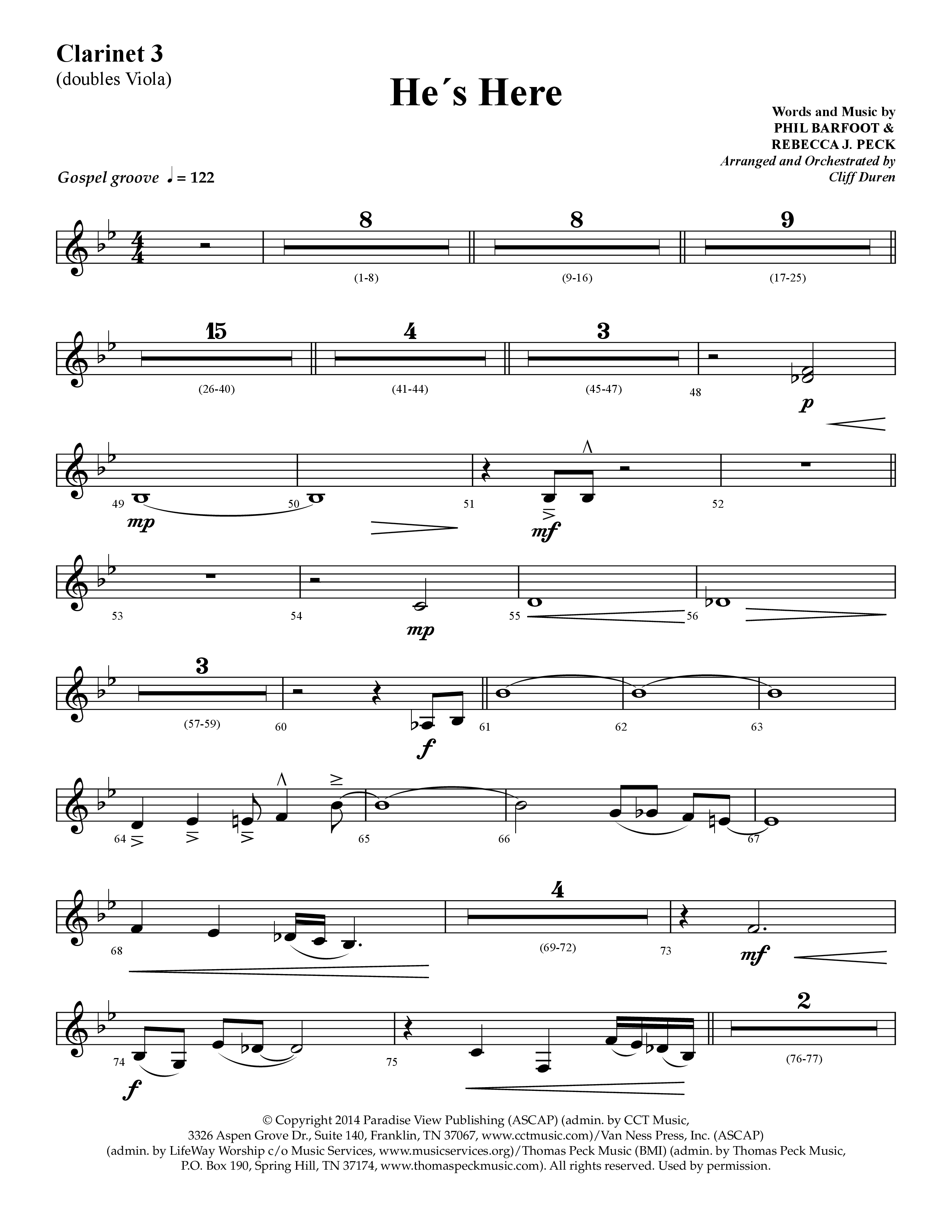 He's Here (Choral Anthem SATB) Clarinet 3 (Lifeway Choral / Arr. Cliff Duren)