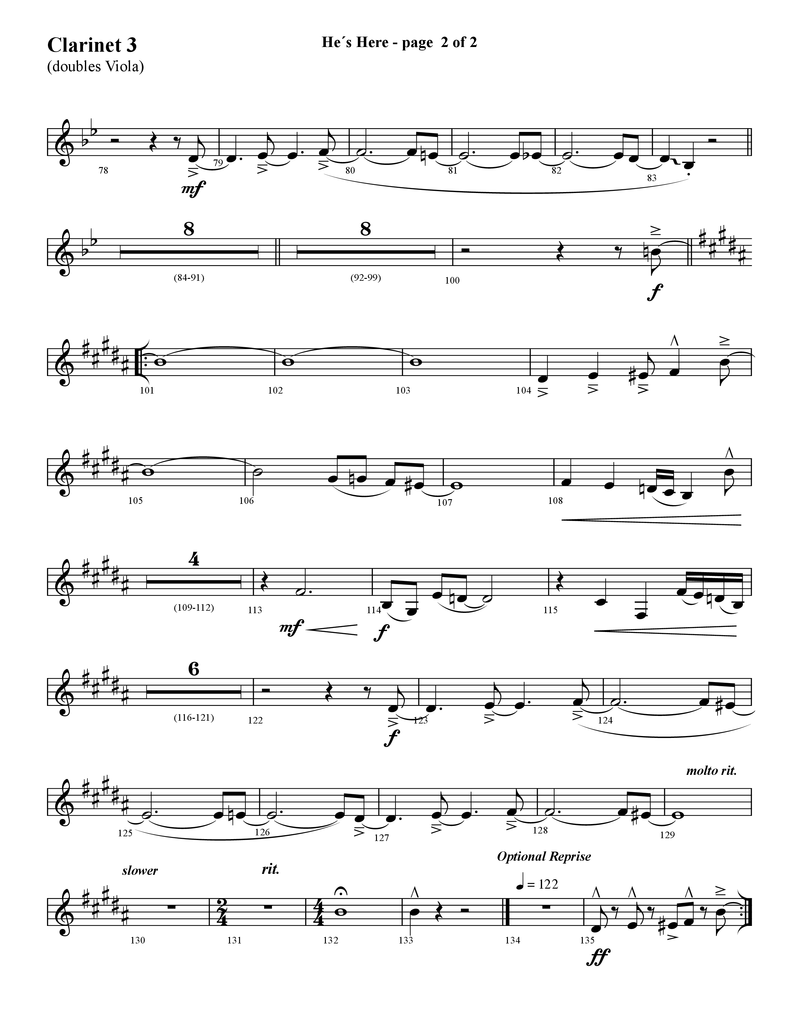 He's Here (Choral Anthem SATB) Clarinet 3 (Lifeway Choral / Arr. Cliff Duren)