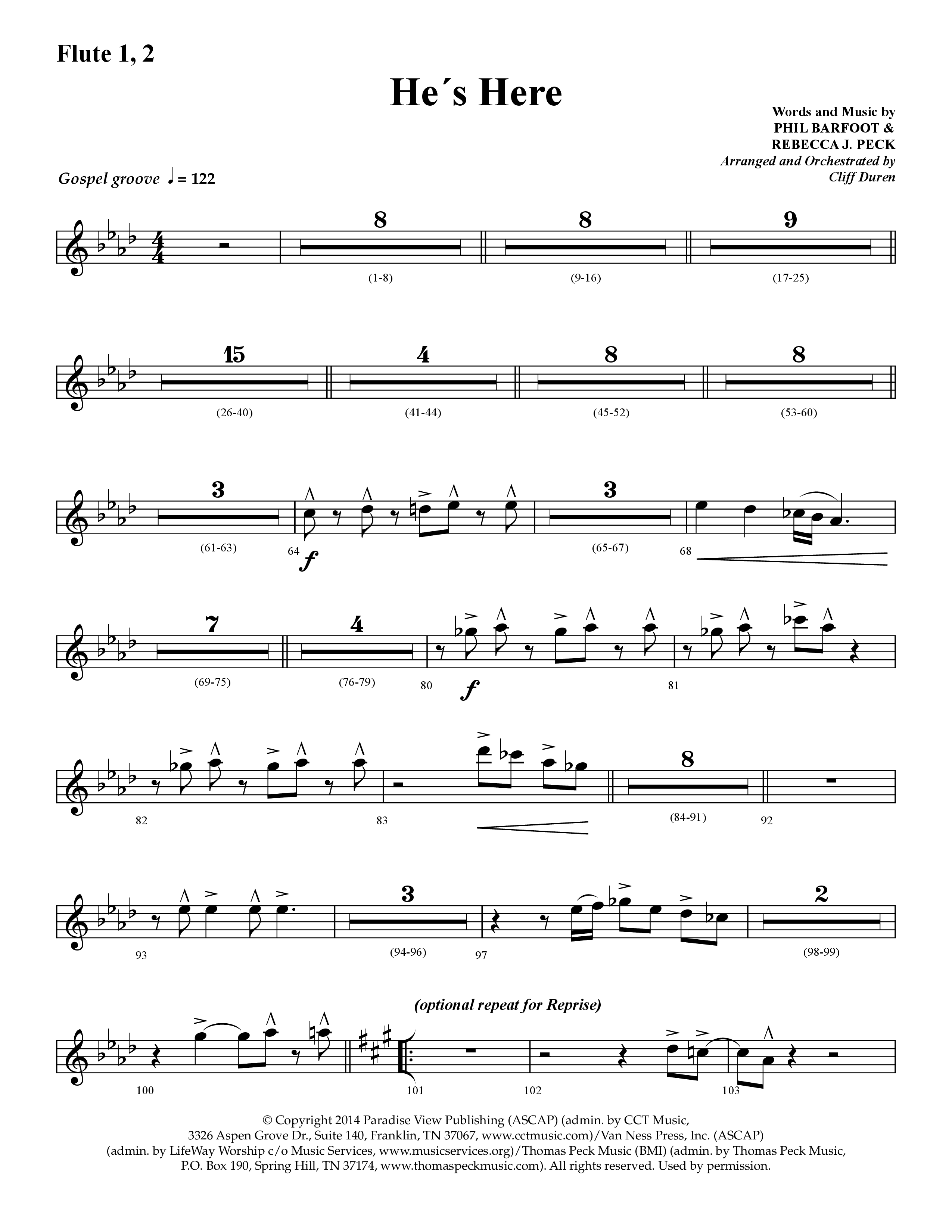 He's Here (Choral Anthem SATB) Flute 1/2 (Lifeway Choral / Arr. Cliff Duren)
