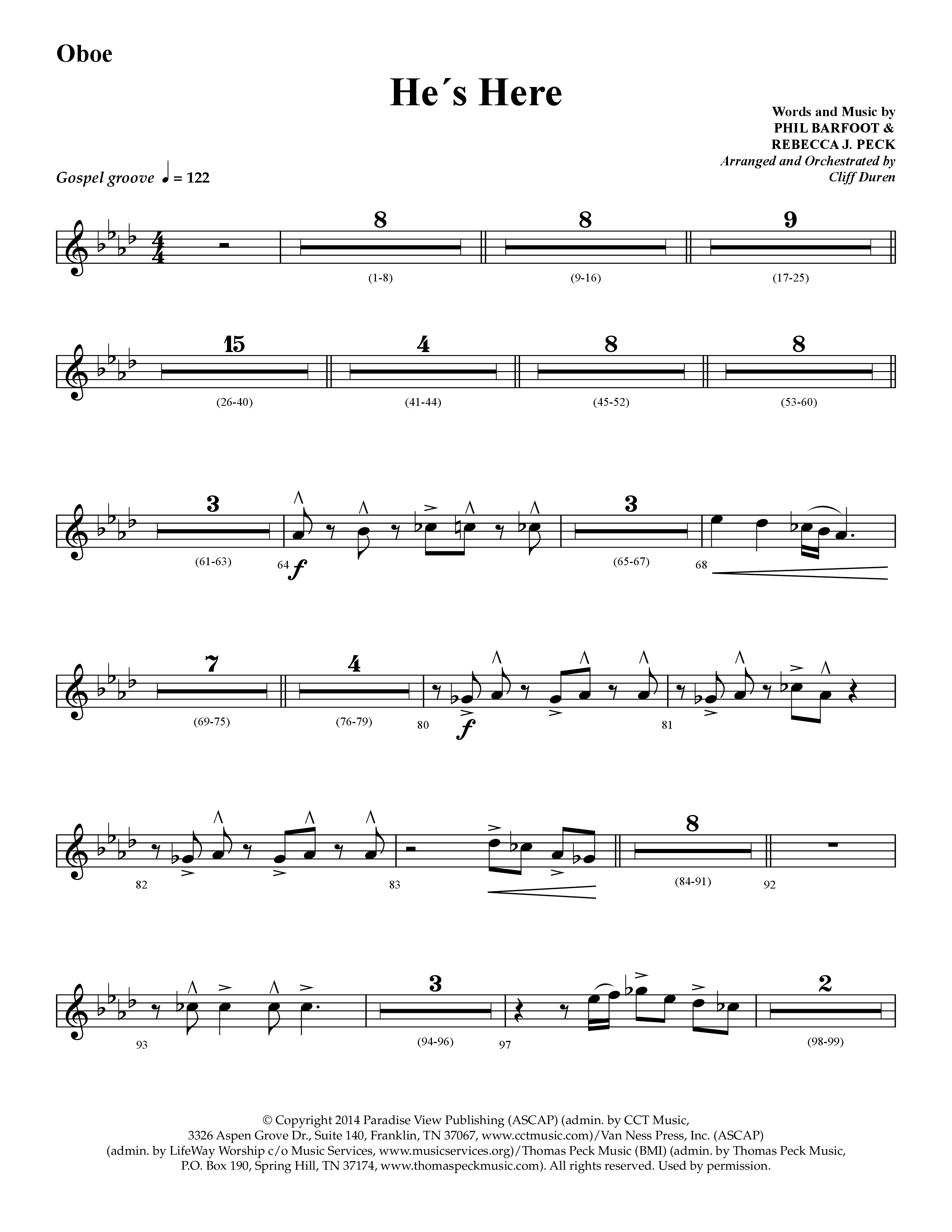 He's Here (Choral Anthem SATB) Oboe (Lifeway Choral / Arr. Cliff Duren)