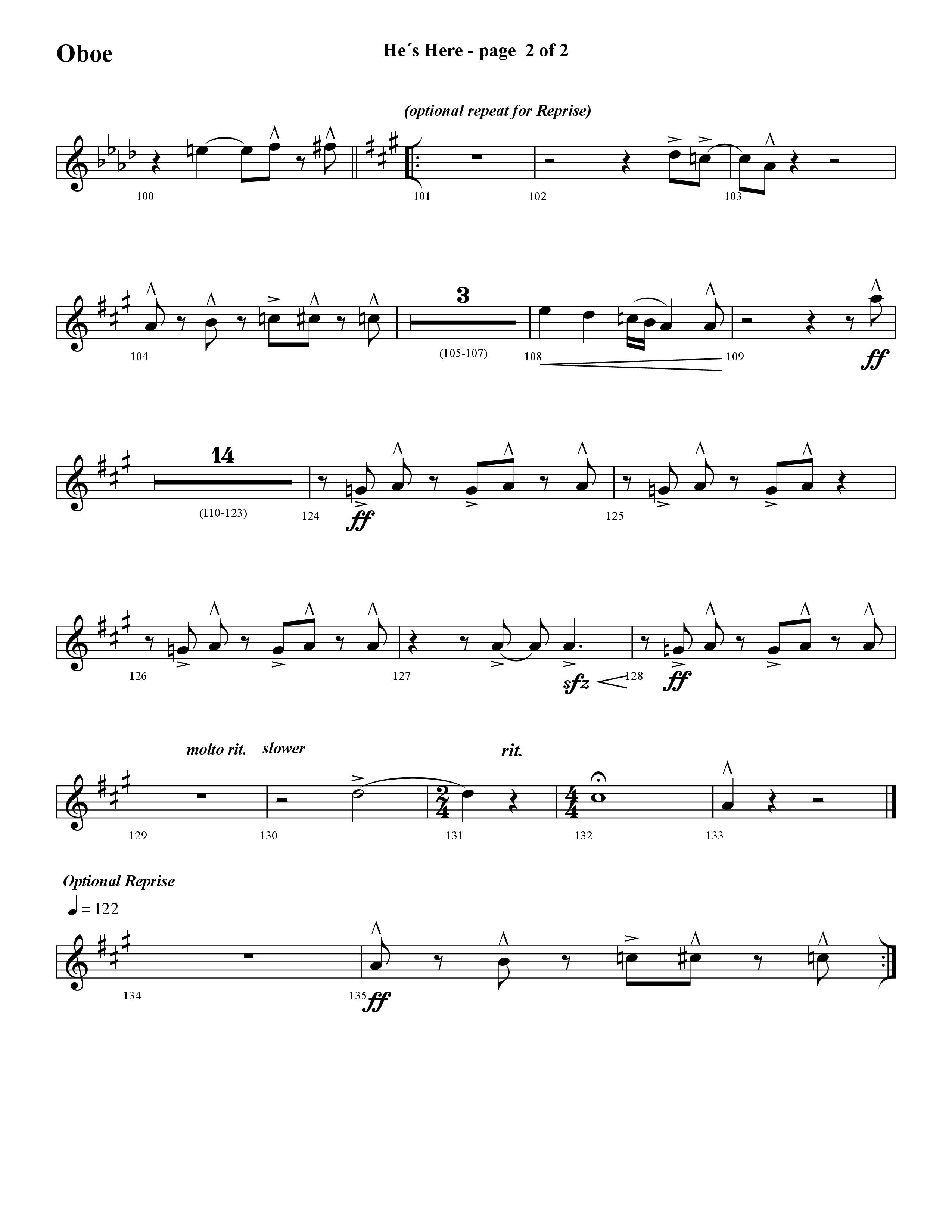 He's Here (Choral Anthem SATB) Oboe (Lifeway Choral / Arr. Cliff Duren)