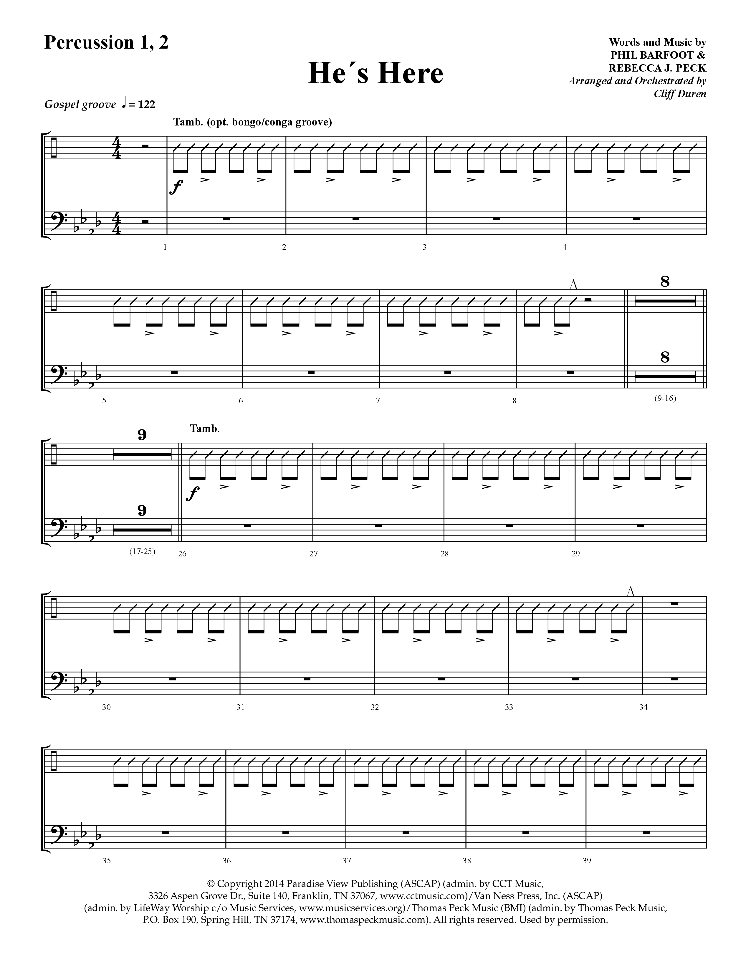 He's Here (Choral Anthem SATB) Percussion 1/2 (Lifeway Choral / Arr. Cliff Duren)