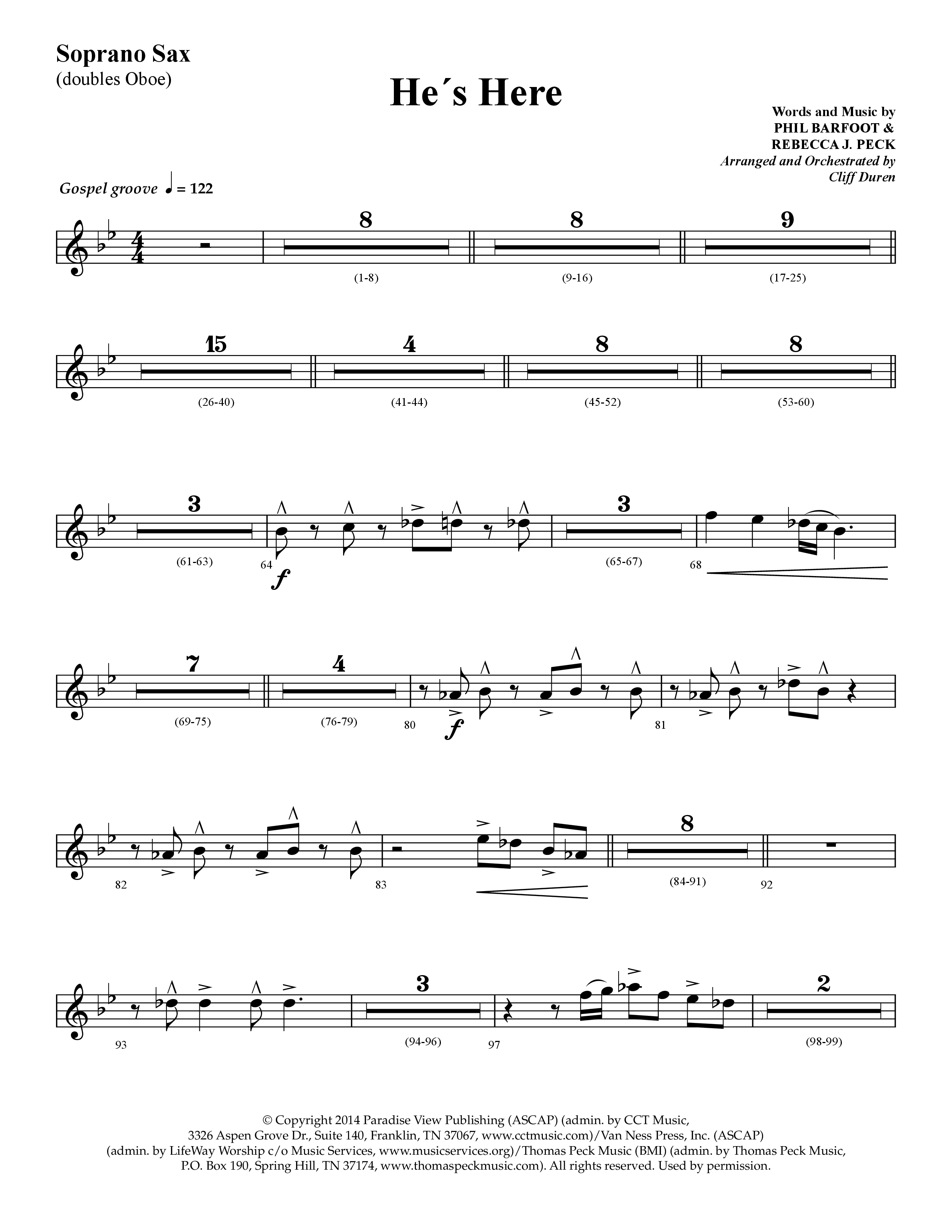 He's Here (Choral Anthem SATB) Soprano Sax (Lifeway Choral / Arr. Cliff Duren)