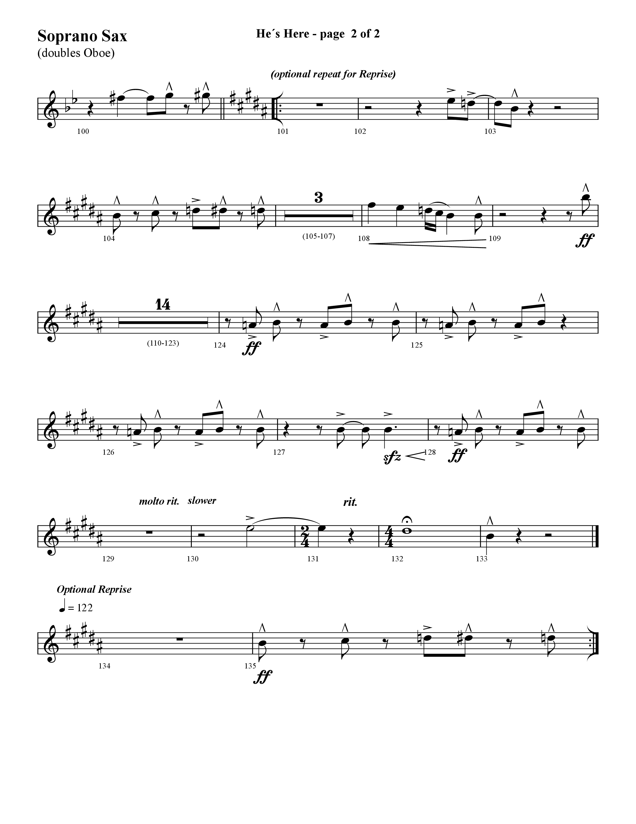 He's Here (Choral Anthem SATB) Soprano Sax (Lifeway Choral / Arr. Cliff Duren)