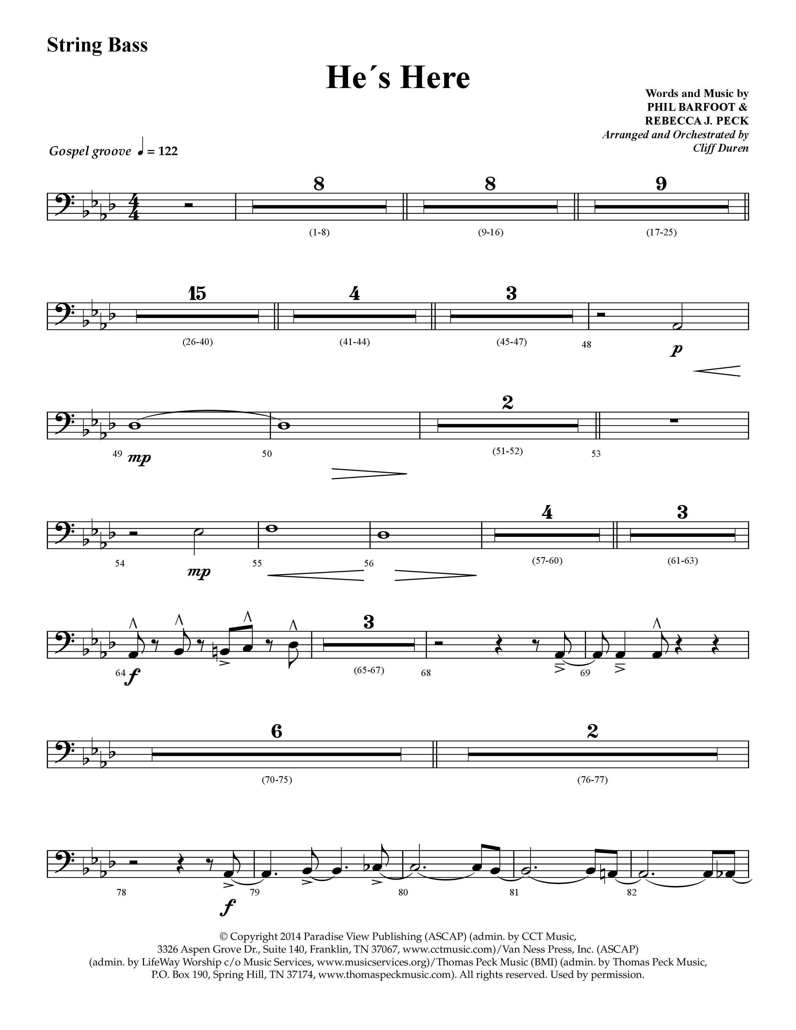 He's Here (Choral Anthem SATB) String Bass (Lifeway Choral / Arr. Cliff Duren)