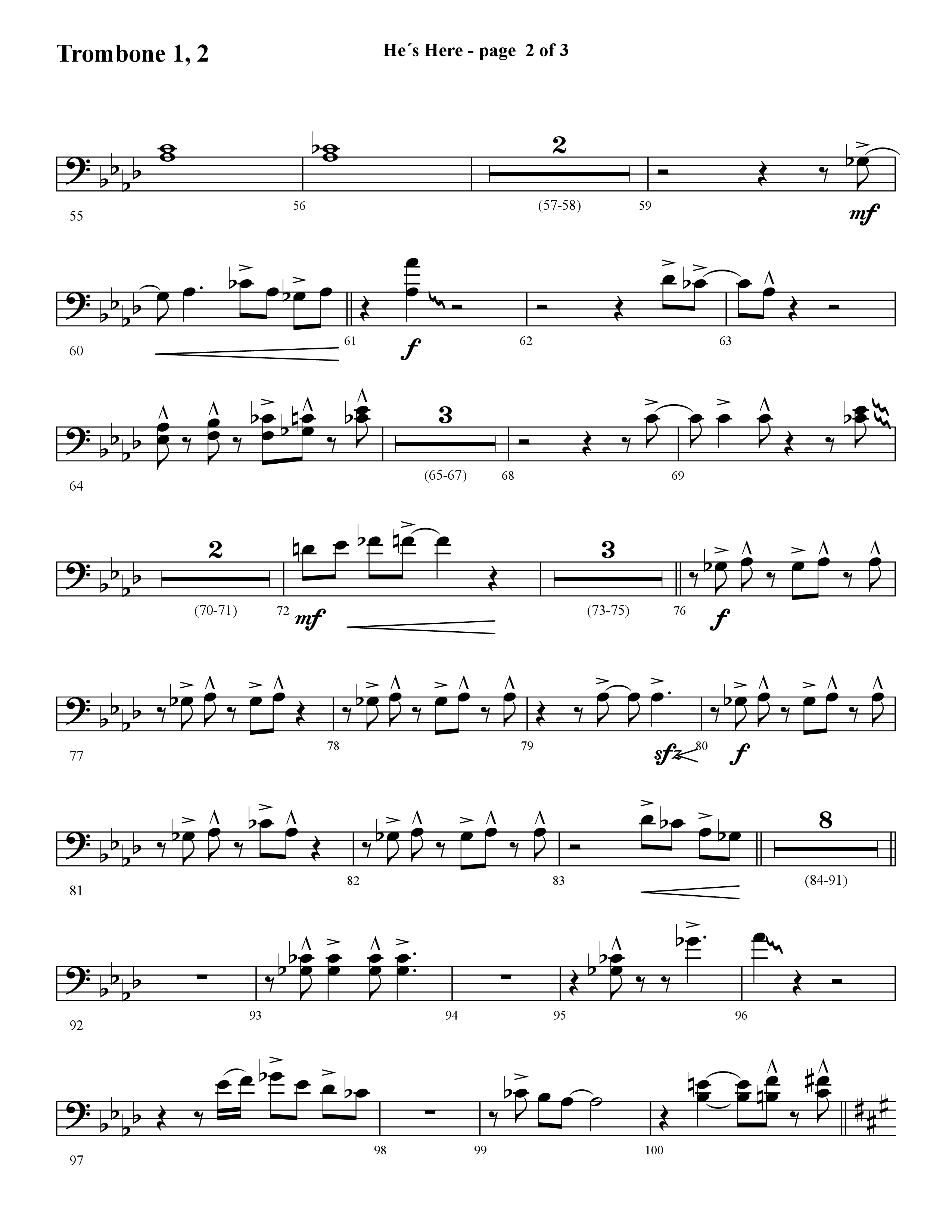 He's Here (Choral Anthem SATB) Trombone 1/2 (Lifeway Choral / Arr. Cliff Duren)