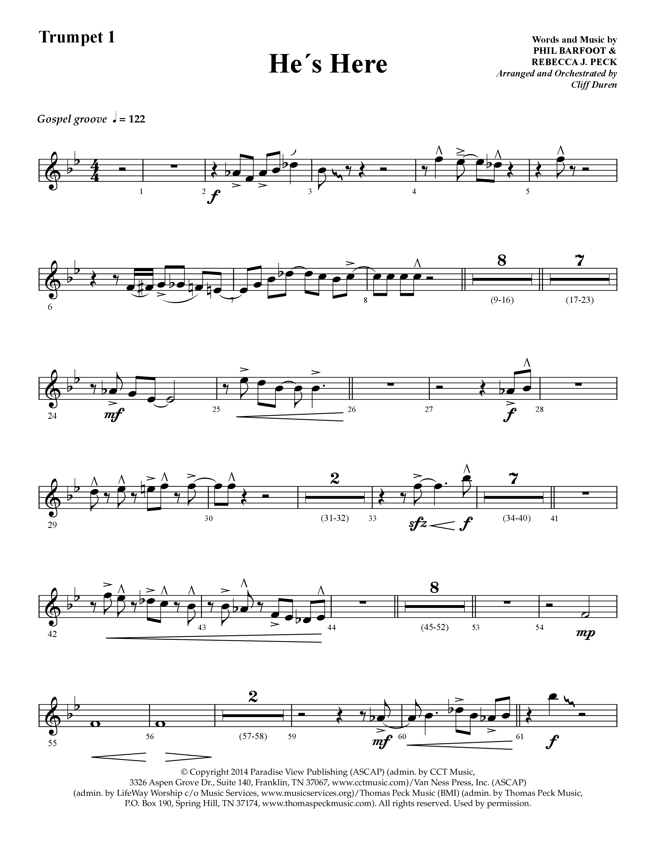 He's Here (Choral Anthem SATB) Trumpet 1 (Lifeway Choral / Arr. Cliff Duren)