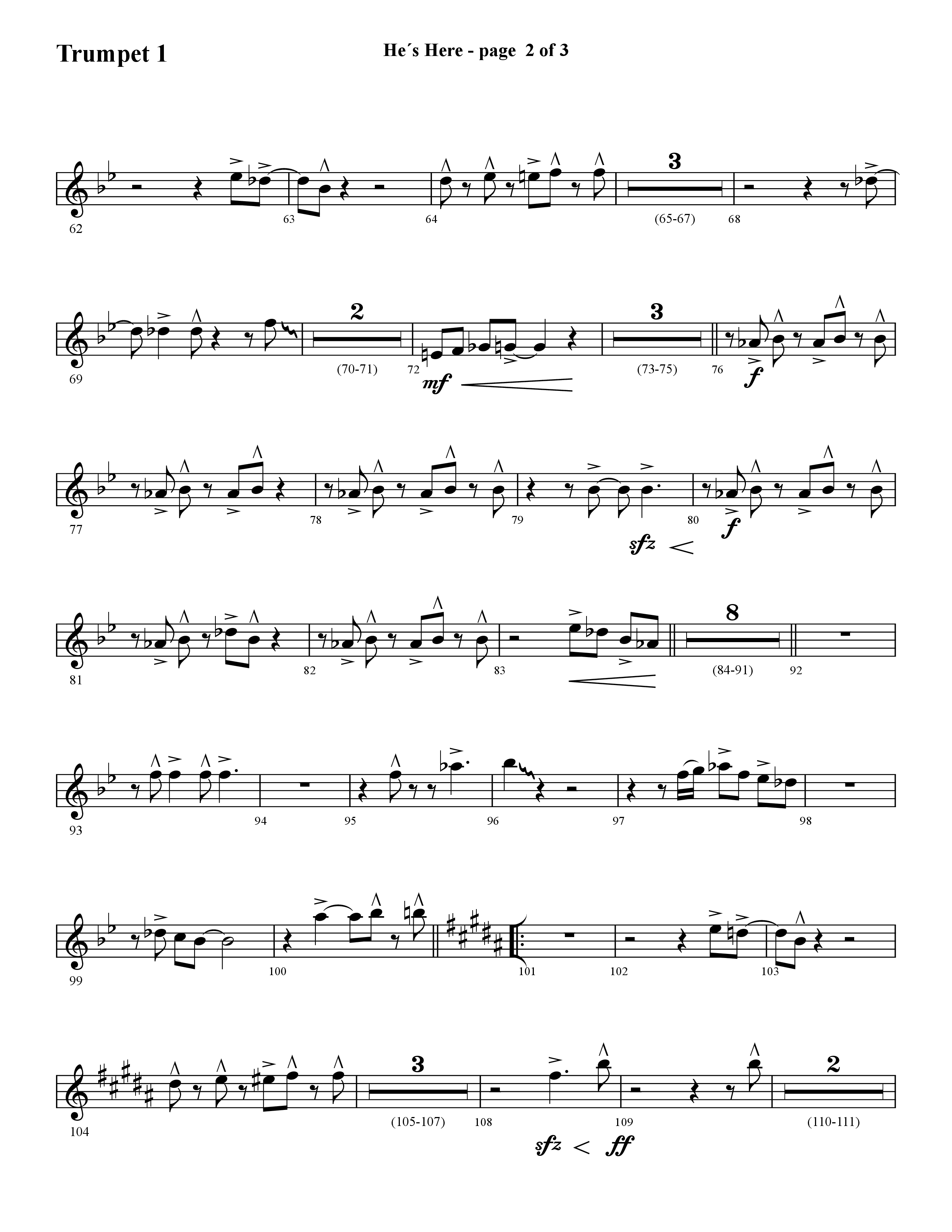 He's Here (Choral Anthem SATB) Trumpet 1 (Lifeway Choral / Arr. Cliff Duren)