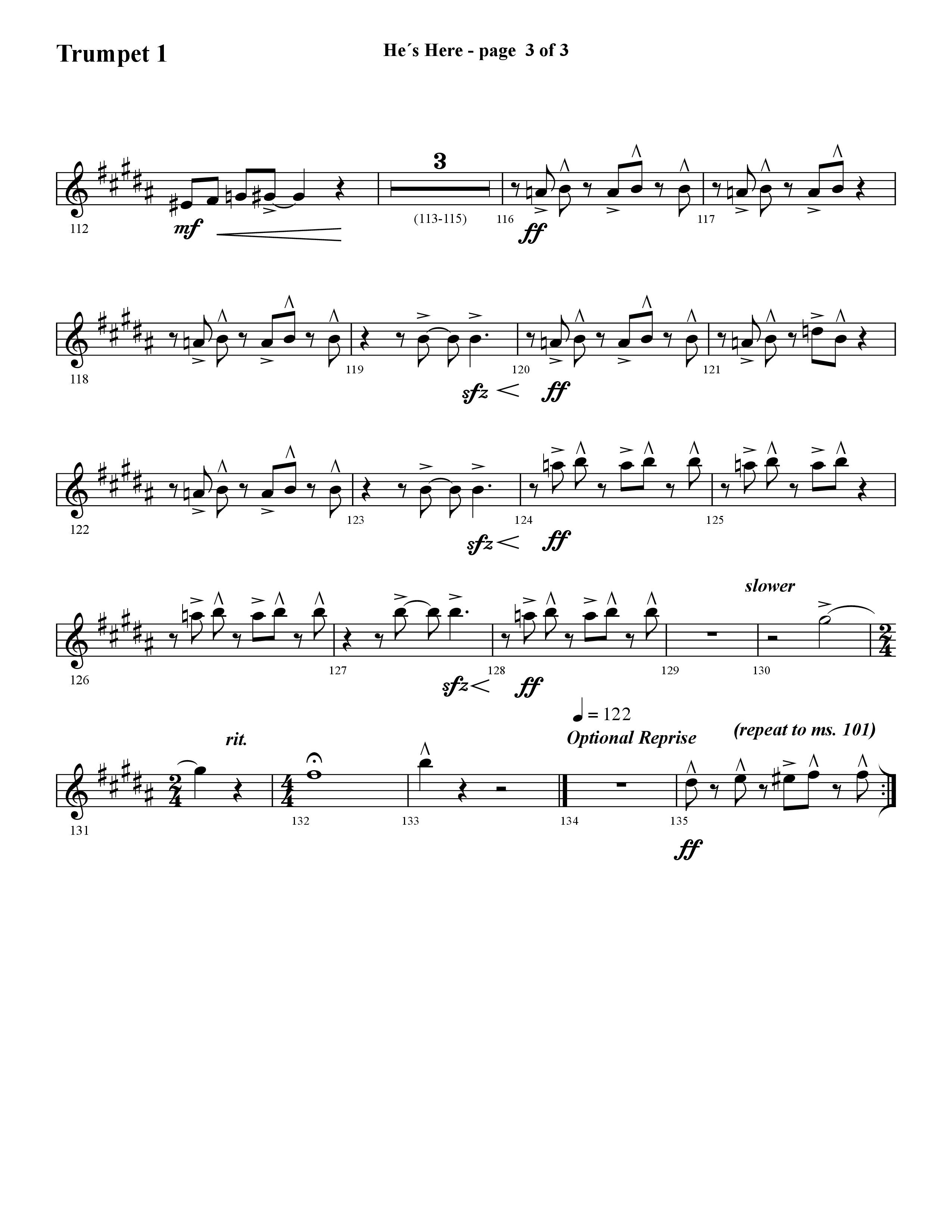 He's Here (Choral Anthem SATB) Trumpet 1 (Lifeway Choral / Arr. Cliff Duren)