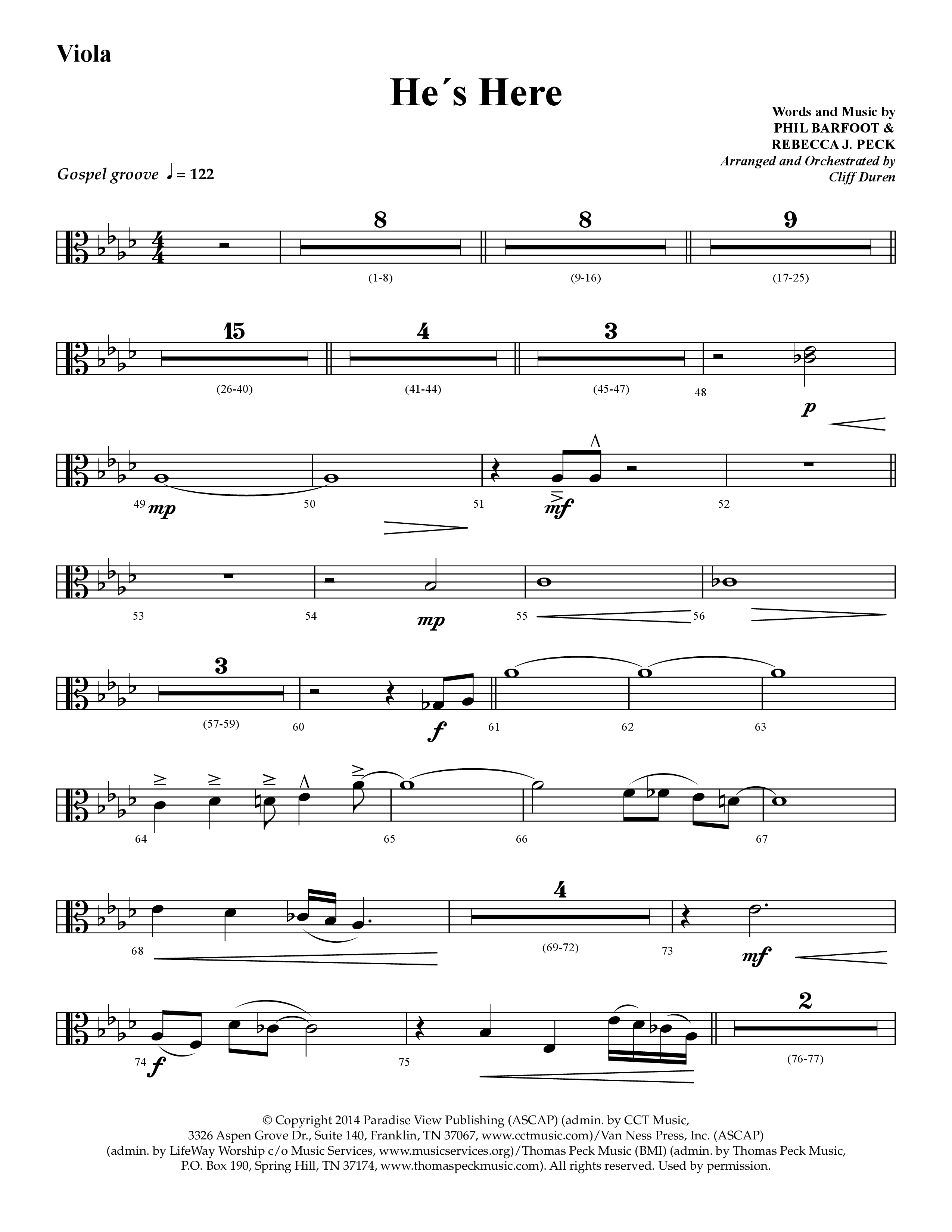 He's Here (Choral Anthem SATB) Viola (Lifeway Choral / Arr. Cliff Duren)