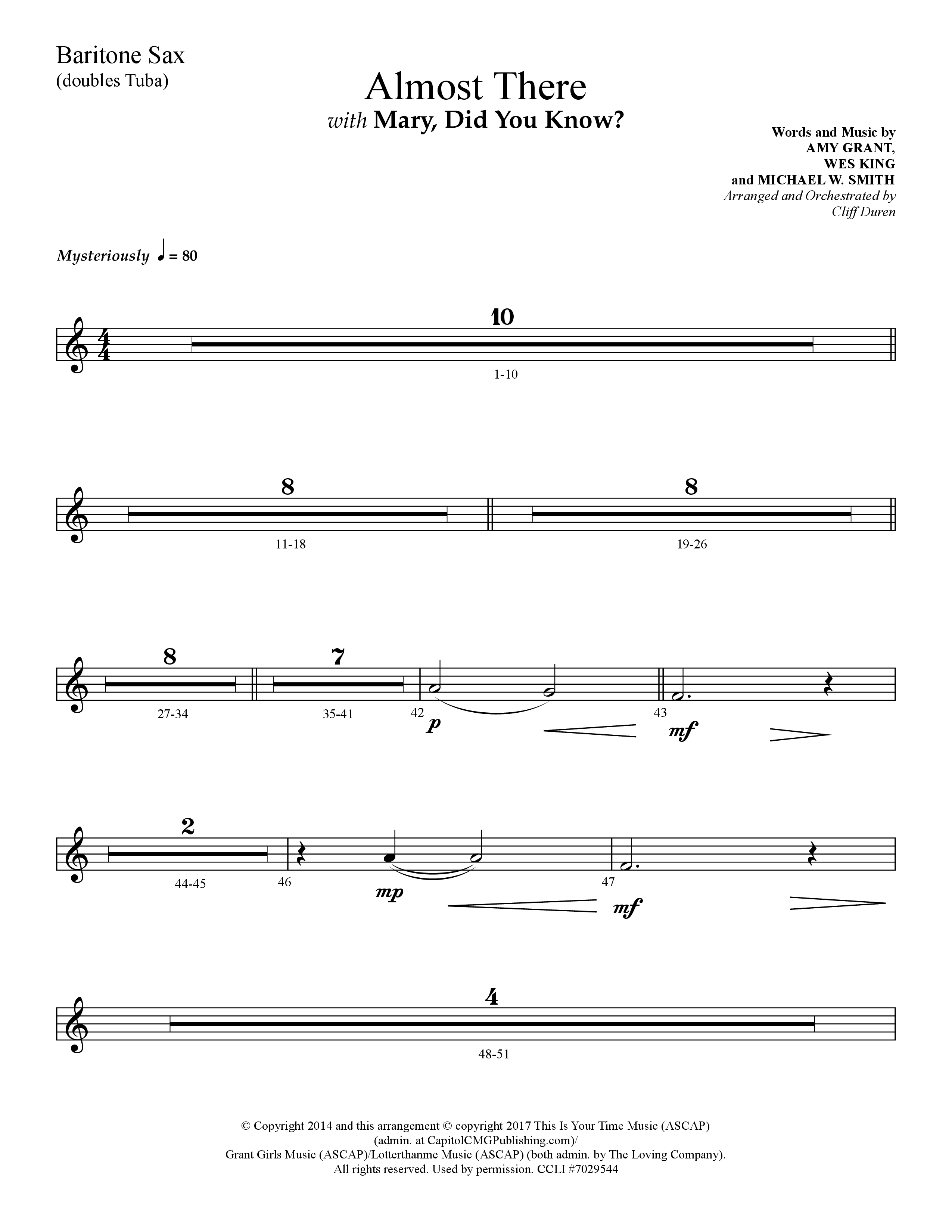 Almost There (with Mary Did You Know) (Choral Anthem SATB) Bari Sax (Lifeway Choral / Arr. Cliff Duren)