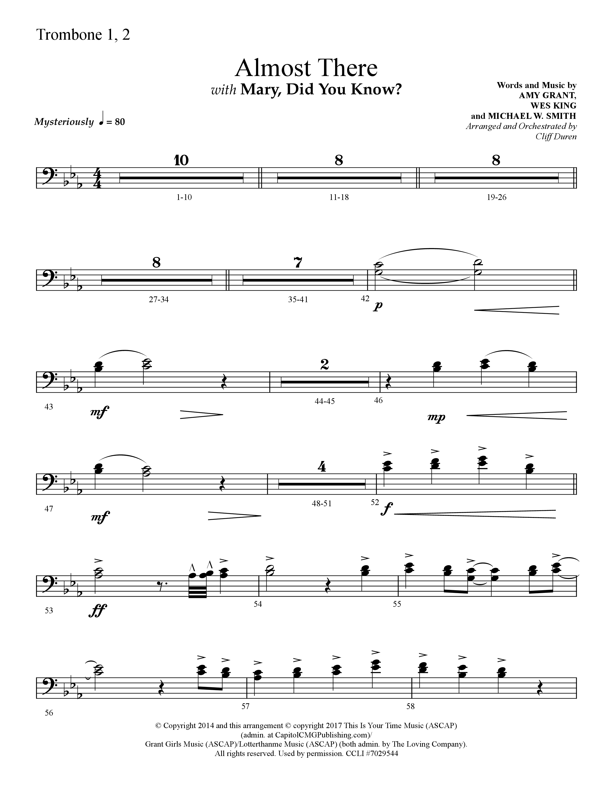 Almost There (with Mary Did You Know) (Choral Anthem SATB) Trombone 1/2 (Lifeway Choral / Arr. Cliff Duren)