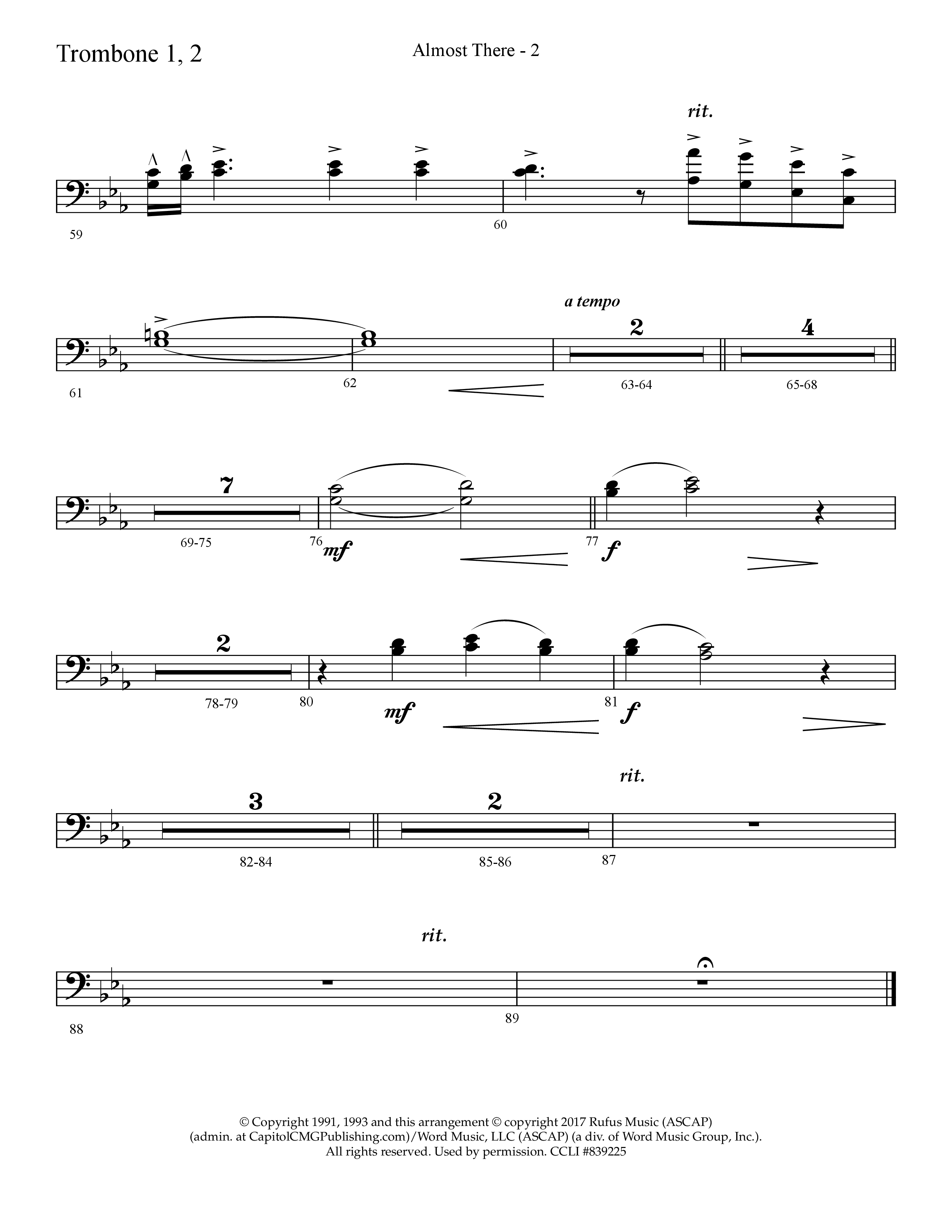 Almost There (with Mary Did You Know) (Choral Anthem SATB) Trombone 1/2 (Lifeway Choral / Arr. Cliff Duren)