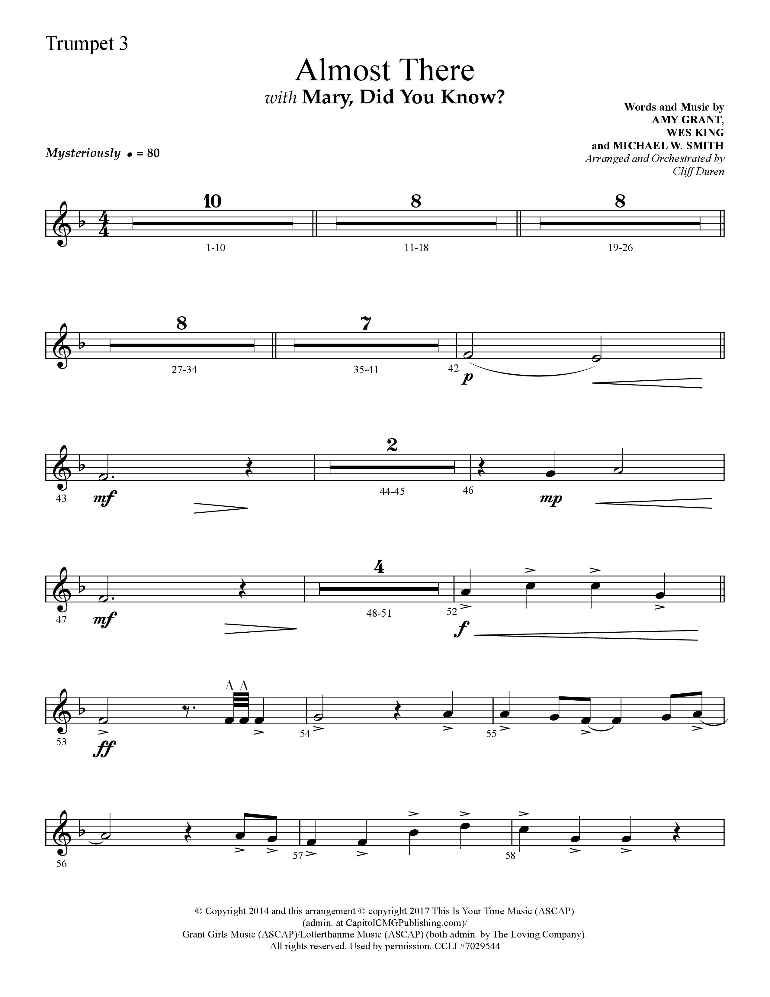 Almost There (with Mary Did You Know) (Choral Anthem SATB) Trumpet 3 (Lifeway Choral / Arr. Cliff Duren)