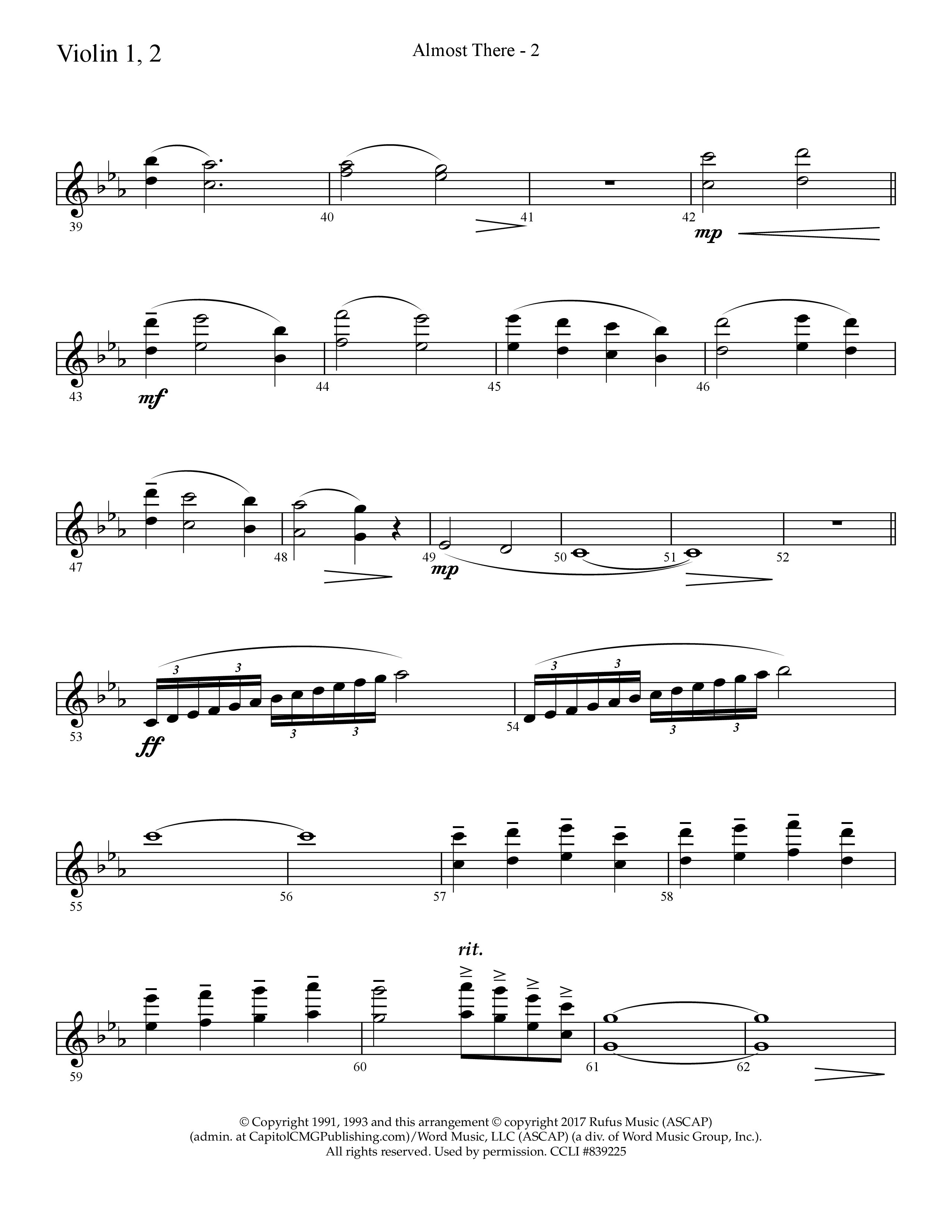 Almost There (with Mary Did You Know) (Choral Anthem SATB) Violin 1/2 (Lifeway Choral / Arr. Cliff Duren)