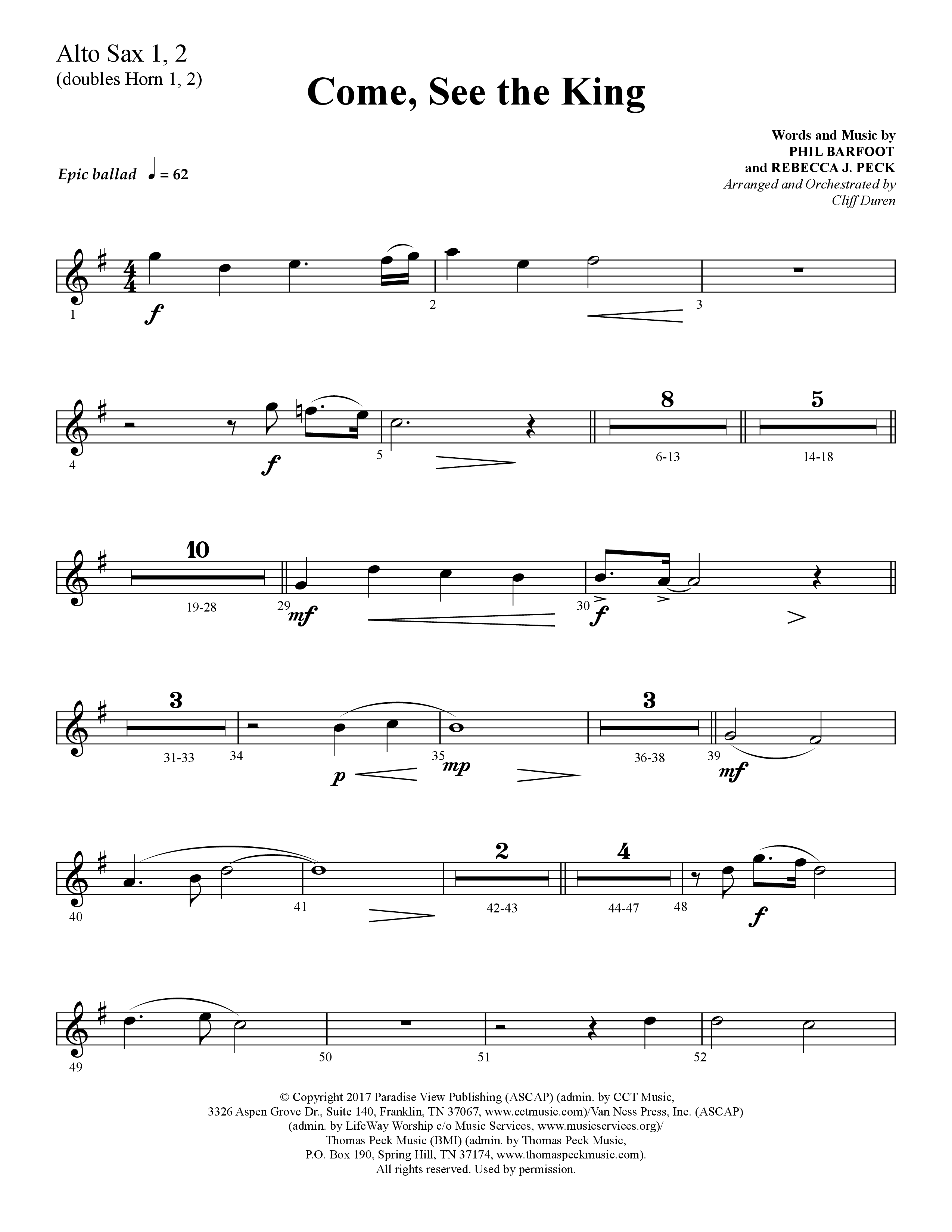 Come See The King (Choral Anthem SATB) Alto Sax 1/2 (Lifeway Choral / Arr. Cliff Duren)