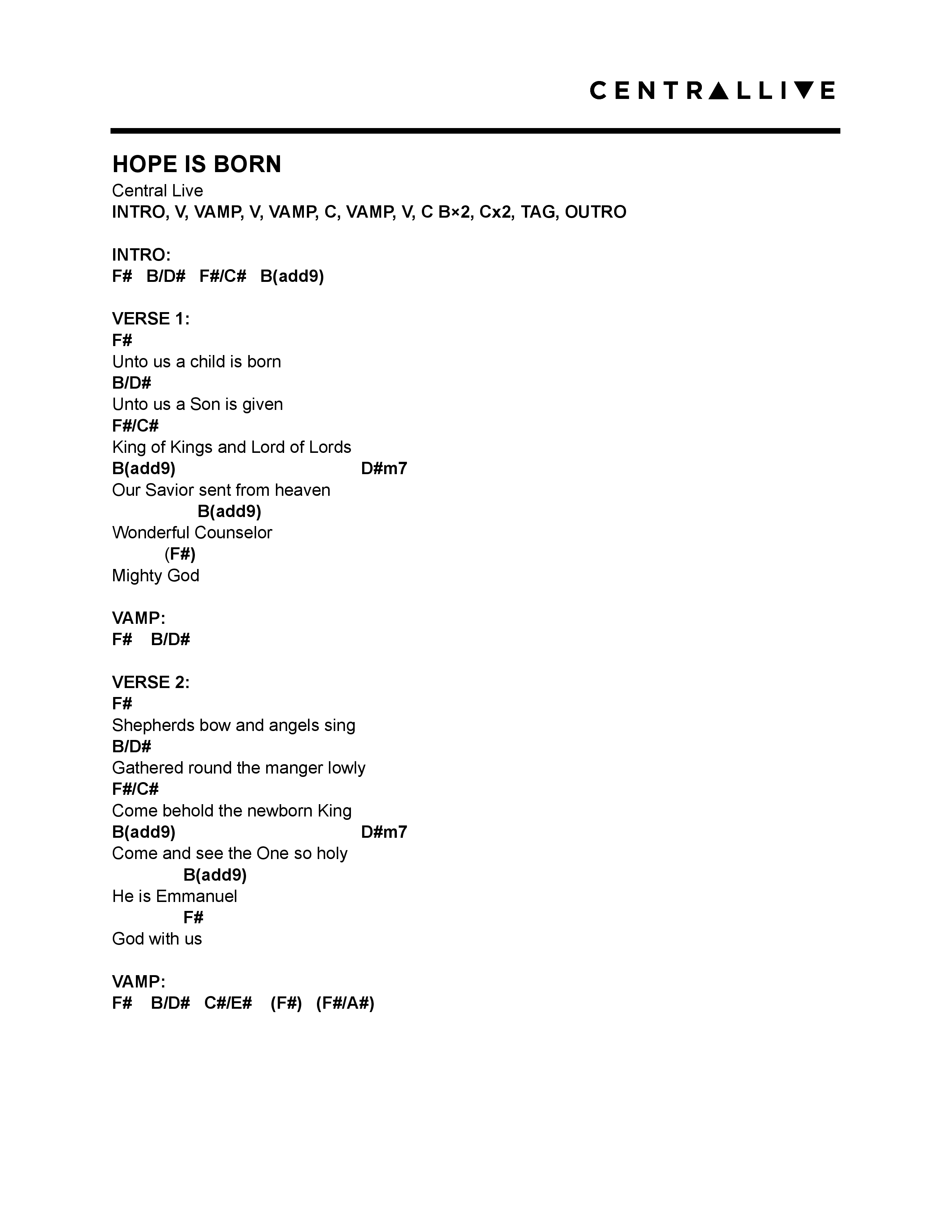 Hope Is Born Chord Chart (Central Live)