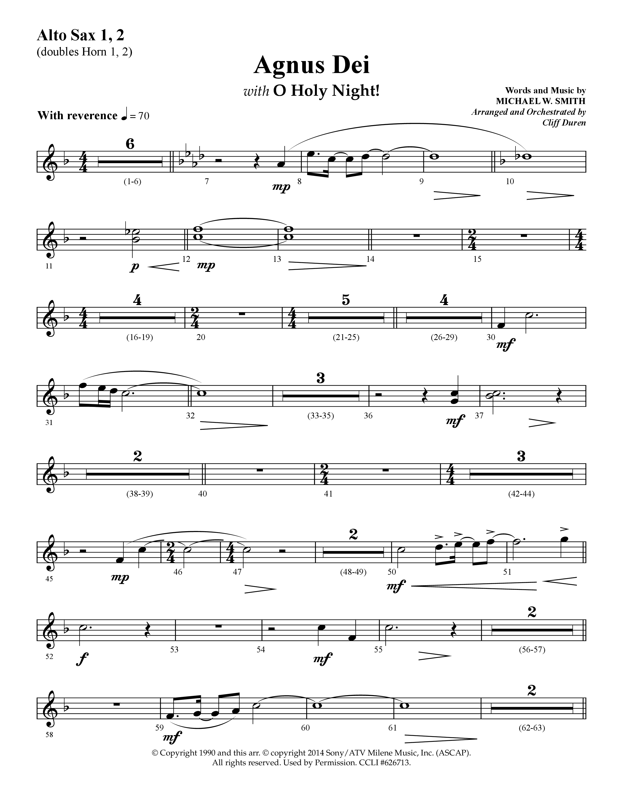Agnus Dei (with O Holy Night) (Choral Anthem SATB) Alto Sax 1/2 (Lifeway Choral / Arr. Cliff Duren)