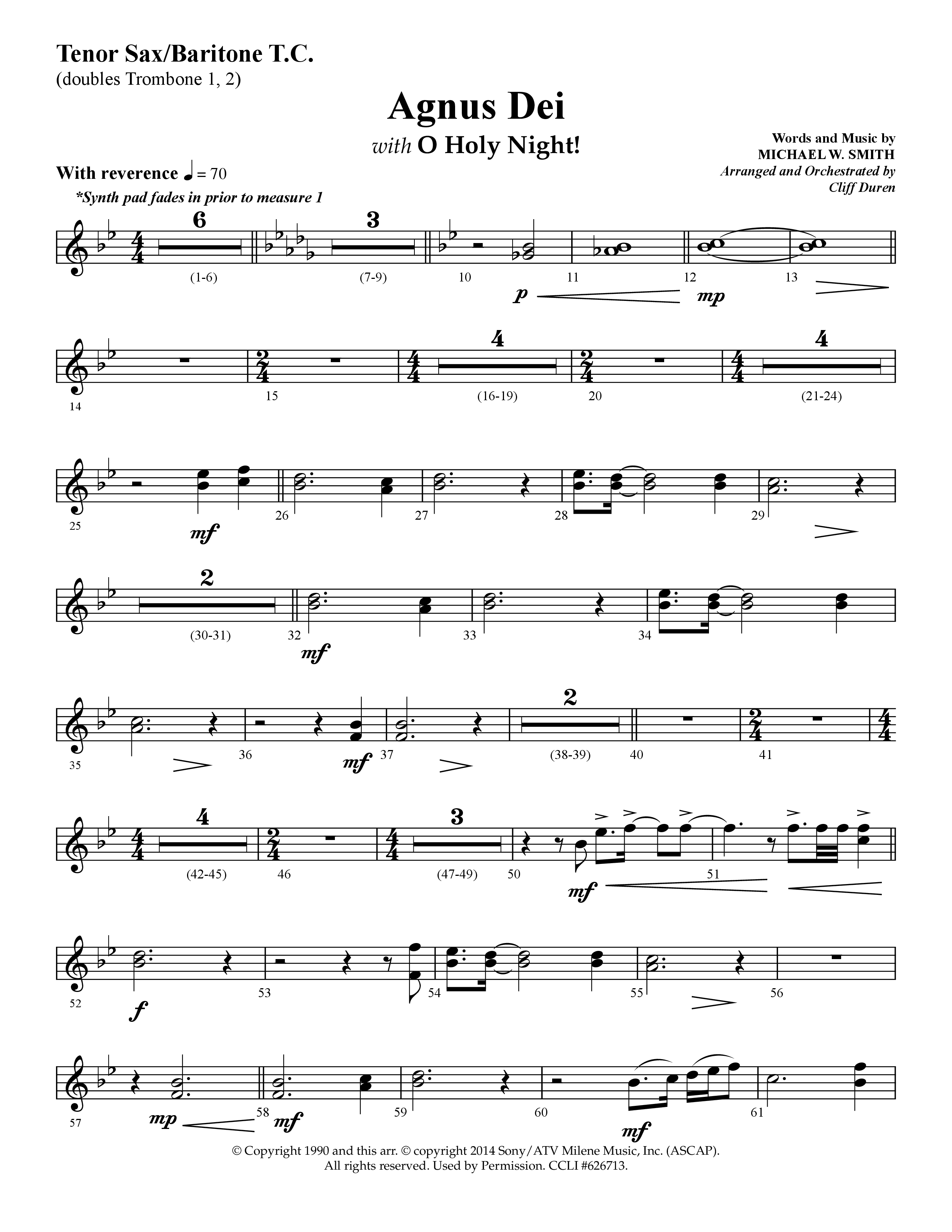 Agnus Dei (with O Holy Night) (Choral Anthem SATB) Tenor Sax/Baritone T.C. (Lifeway Choral / Arr. Cliff Duren)
