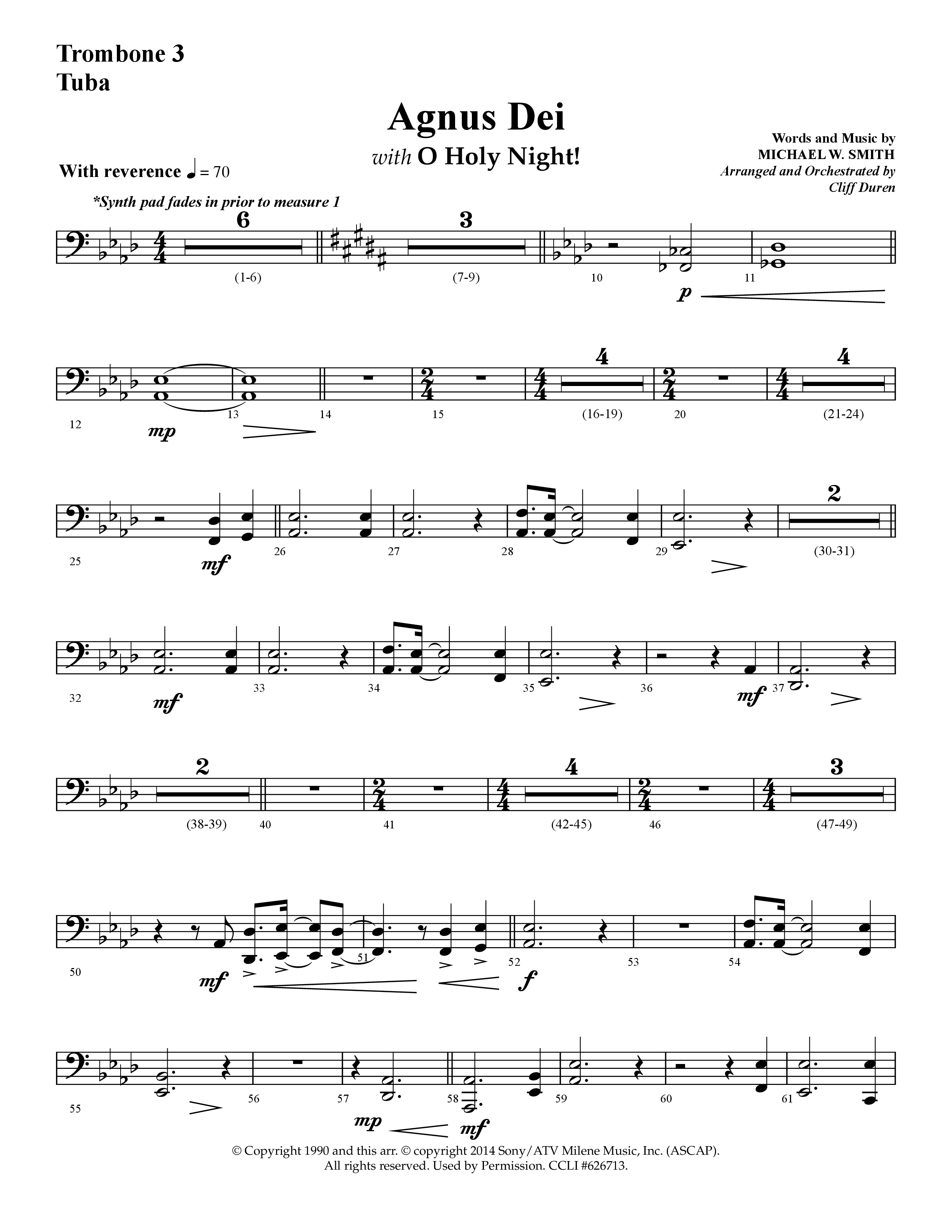 Agnus Dei (with O Holy Night) (Choral Anthem SATB) Trombone 3/Tuba (Lifeway Choral / Arr. Cliff Duren)