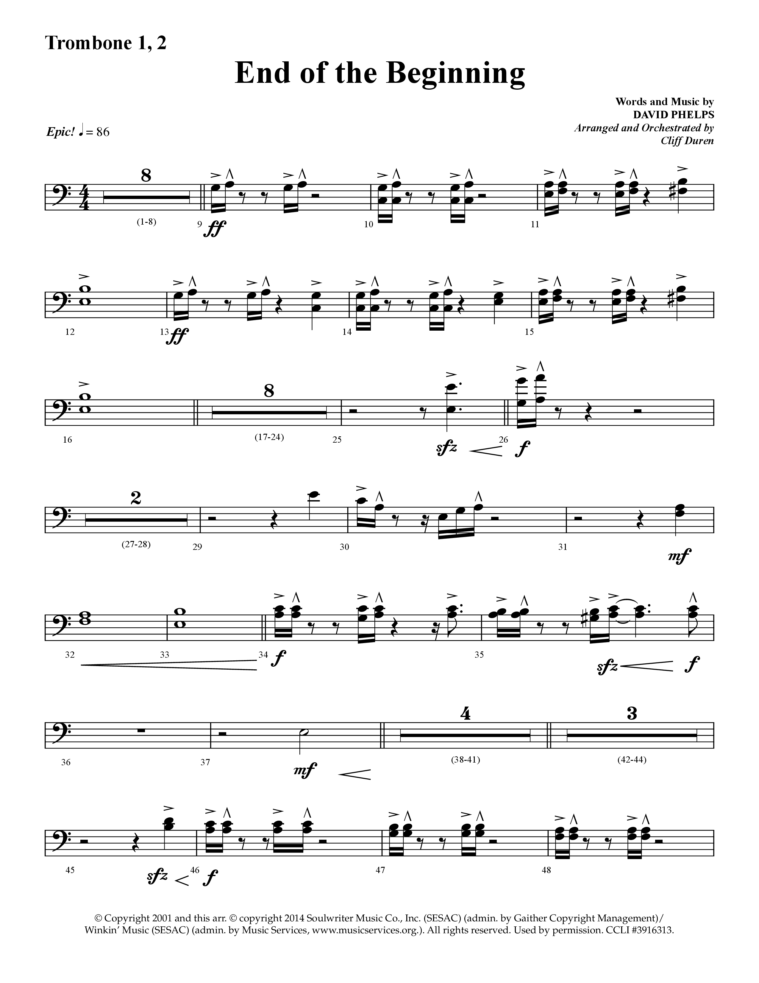 End Of The Beginning (Choral Anthem SATB) Trombone 1/2 (Lifeway Choral / Arr. Cliff Duren)
