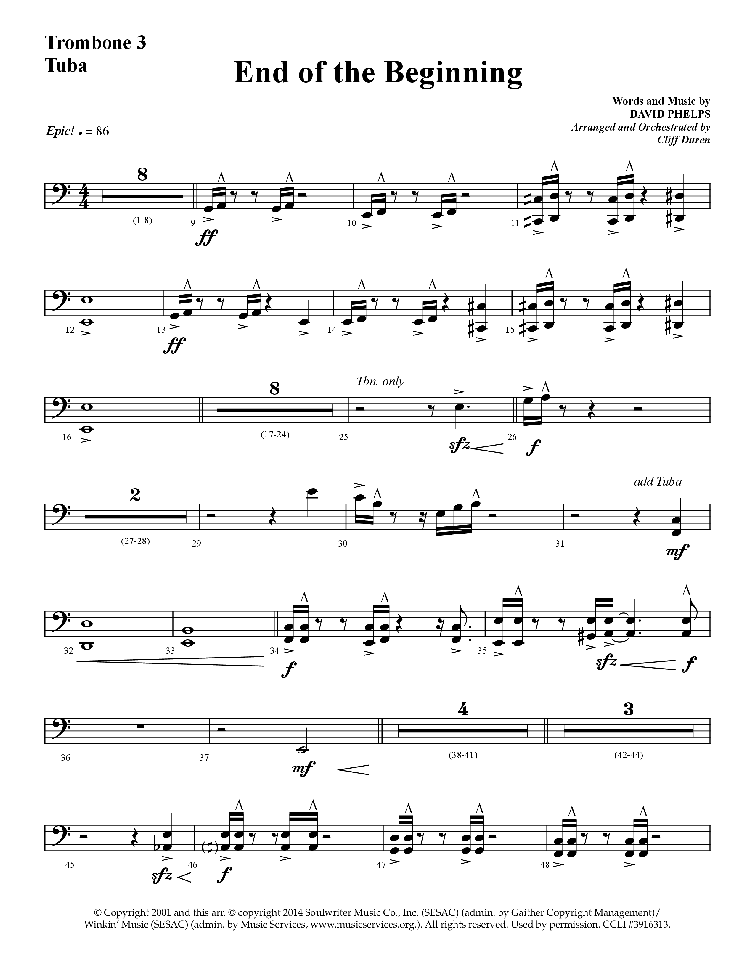 End Of The Beginning (Choral Anthem SATB) Trombone 3/Tuba (Lifeway Choral / Arr. Cliff Duren)