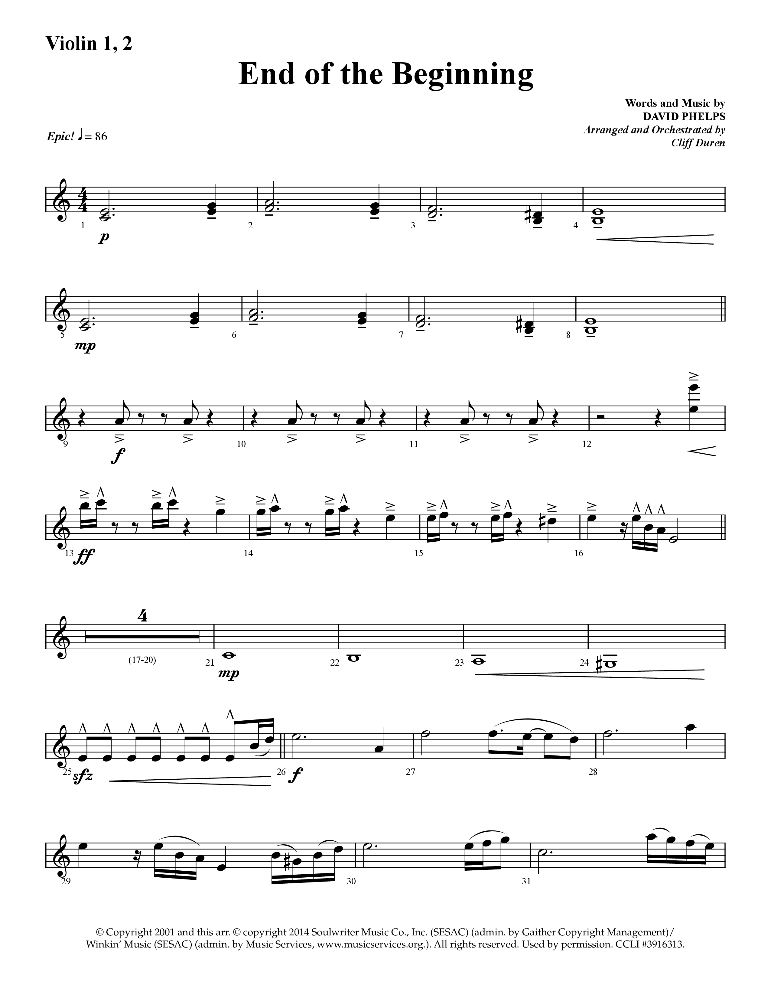 End Of The Beginning (Choral Anthem SATB) Violin 1/2 (Lifeway Choral / Arr. Cliff Duren)