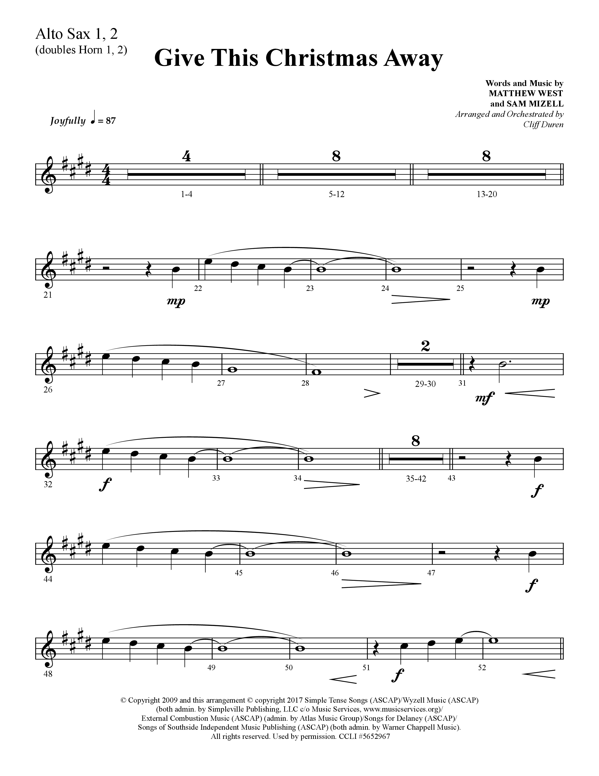 Give This Christmas Away (Choral Anthem SATB) Alto Sax 1/2 (Lifeway Choral / Arr. Cliff Duren)