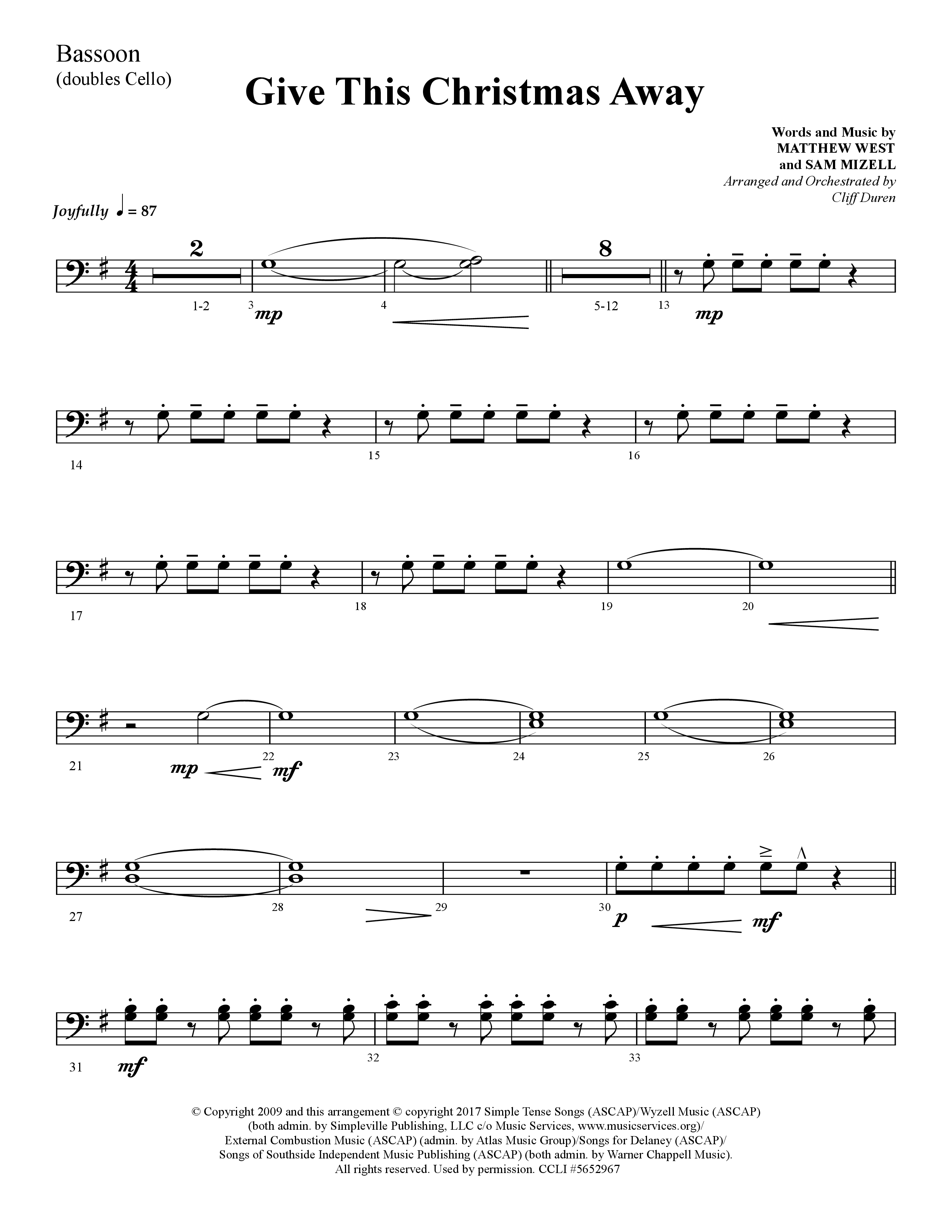 Give This Christmas Away (Choral Anthem SATB) Bassoon (Lifeway Choral / Arr. Cliff Duren)