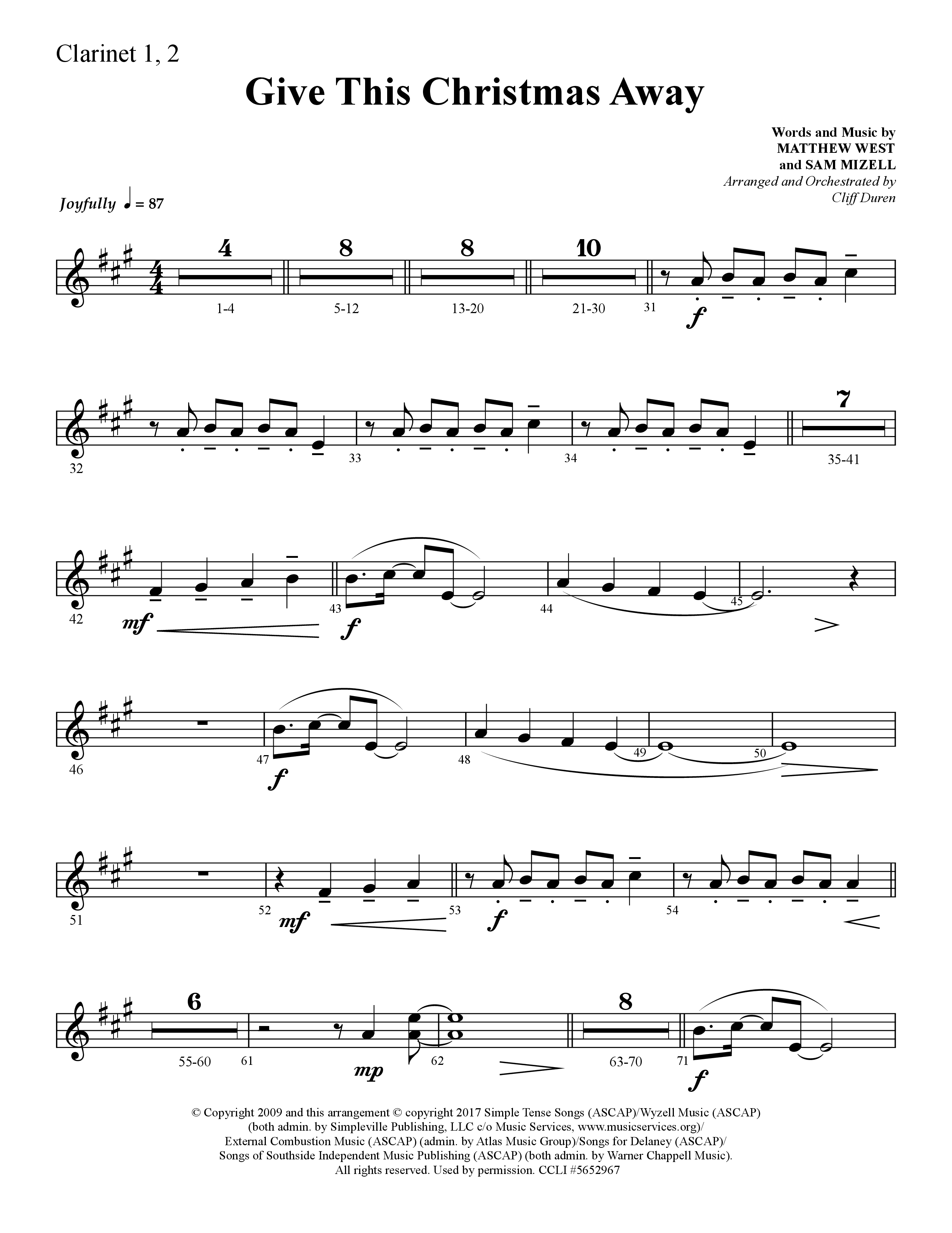 Give This Christmas Away (Choral Anthem SATB) Clarinet 1/2 (Lifeway Choral / Arr. Cliff Duren)