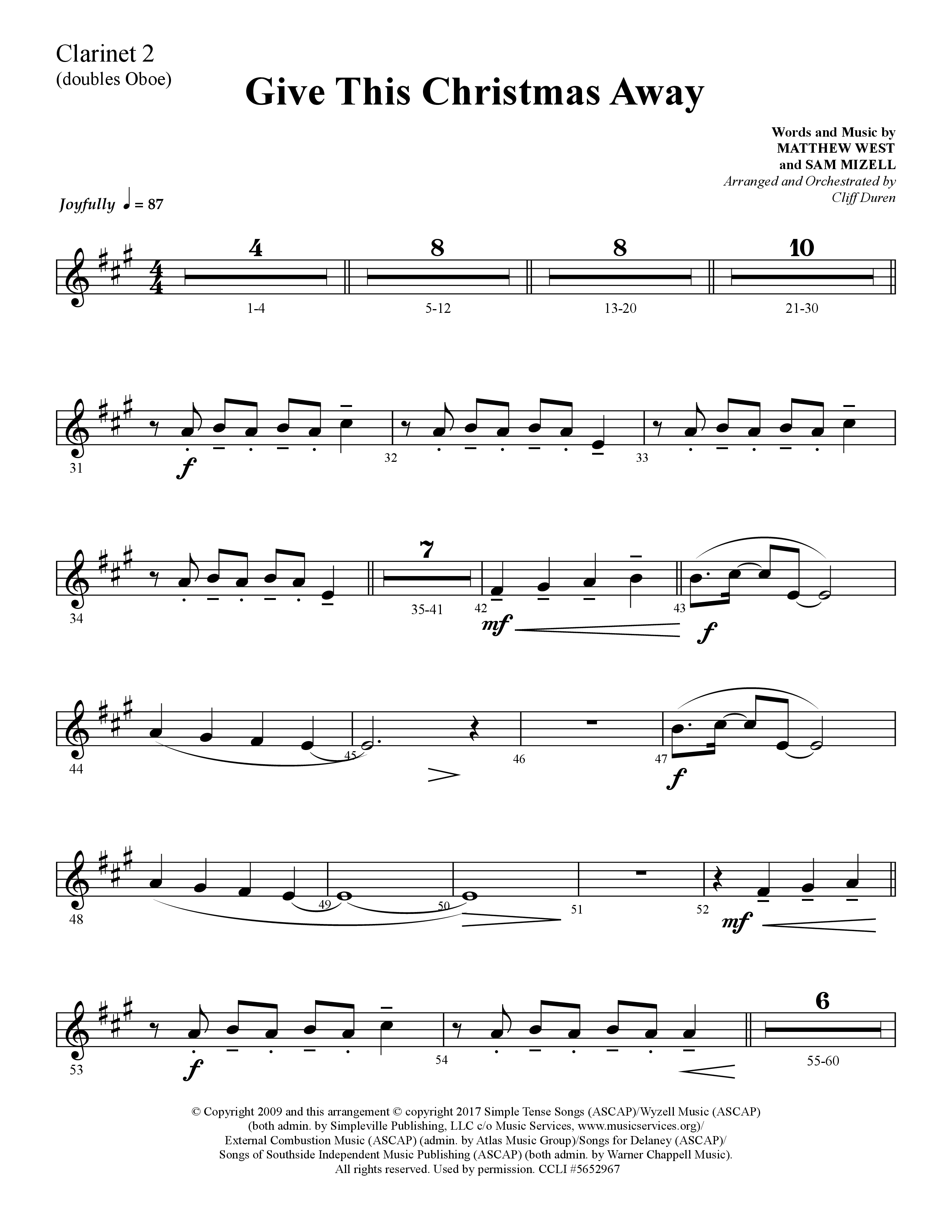 Give This Christmas Away (Choral Anthem SATB) Clarinet 1/2 (Lifeway Choral / Arr. Cliff Duren)