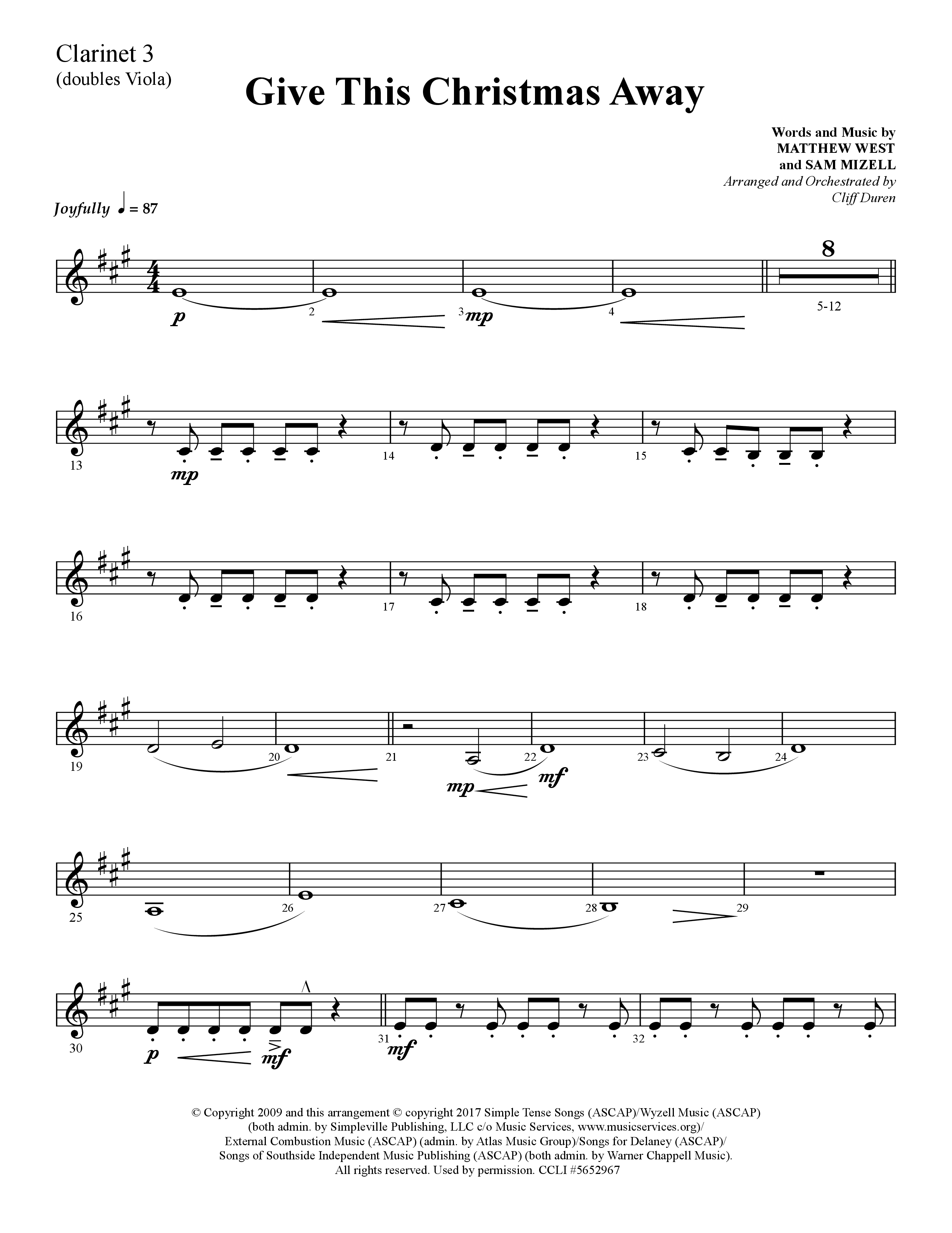 Give This Christmas Away (Choral Anthem SATB) Clarinet 3 (Lifeway Choral / Arr. Cliff Duren)