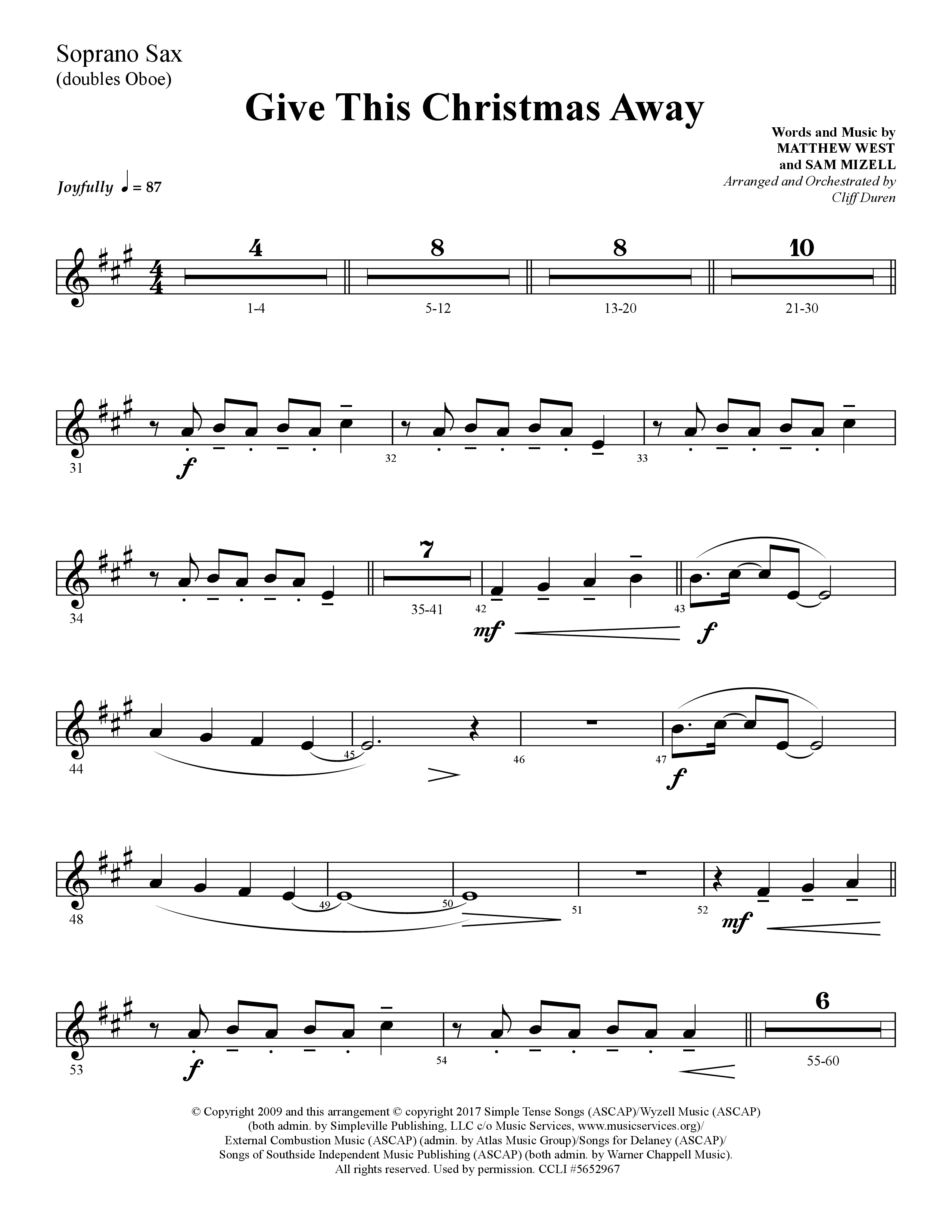 Give This Christmas Away (Choral Anthem SATB) Soprano Sax (Lifeway Choral / Arr. Cliff Duren)