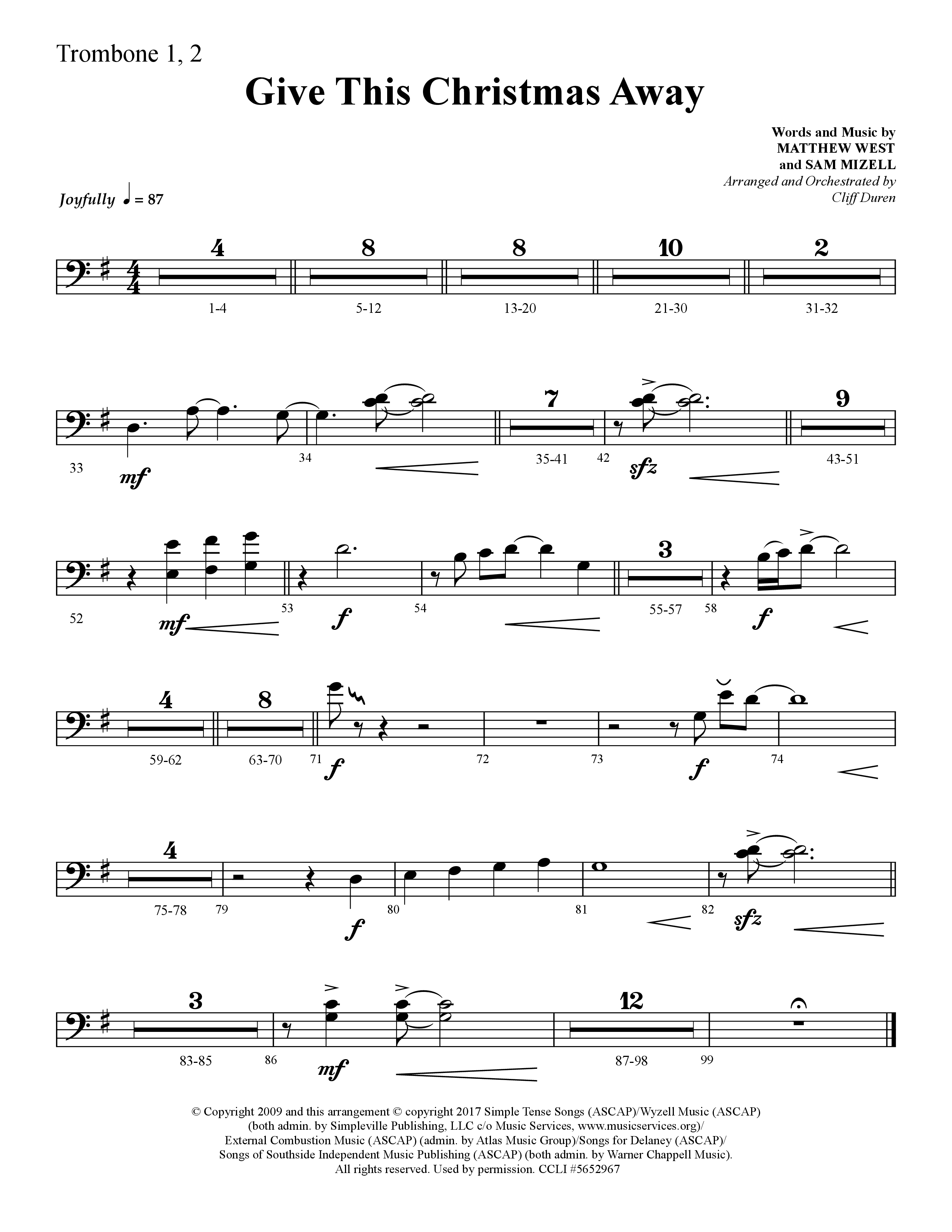 Give This Christmas Away (Choral Anthem SATB) Trombone 1/2 (Lifeway Choral / Arr. Cliff Duren)