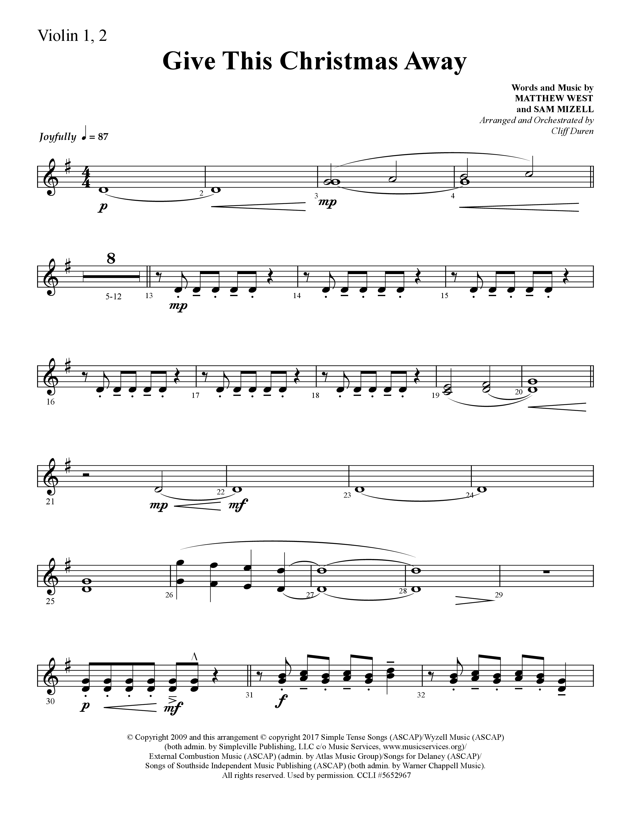 Give This Christmas Away (Choral Anthem SATB) Violin 1/2 (Lifeway Choral / Arr. Cliff Duren)