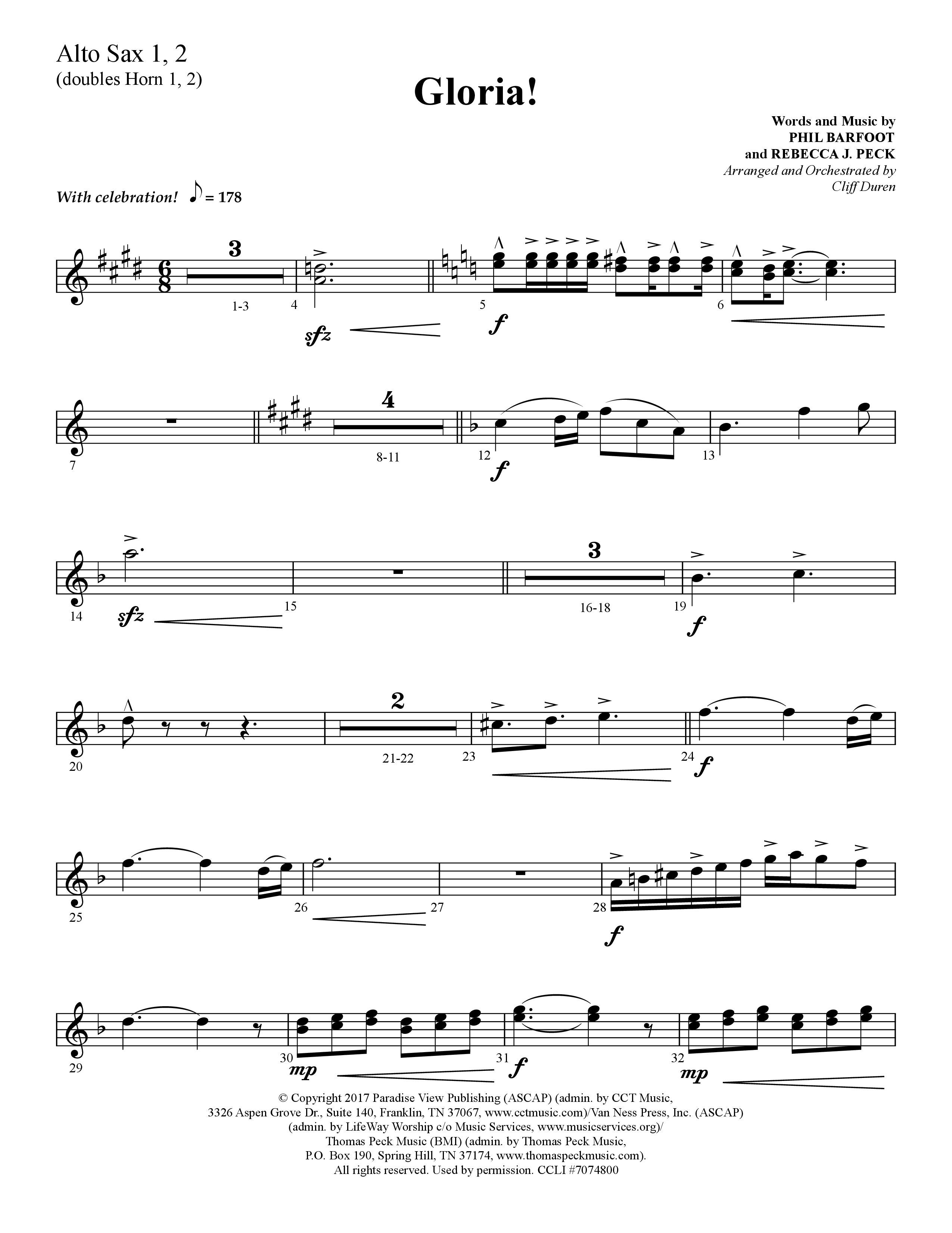 Gloria (Choral Anthem SATB) Alto Sax 1/2 (Lifeway Choral / Arr. Cliff Duren)