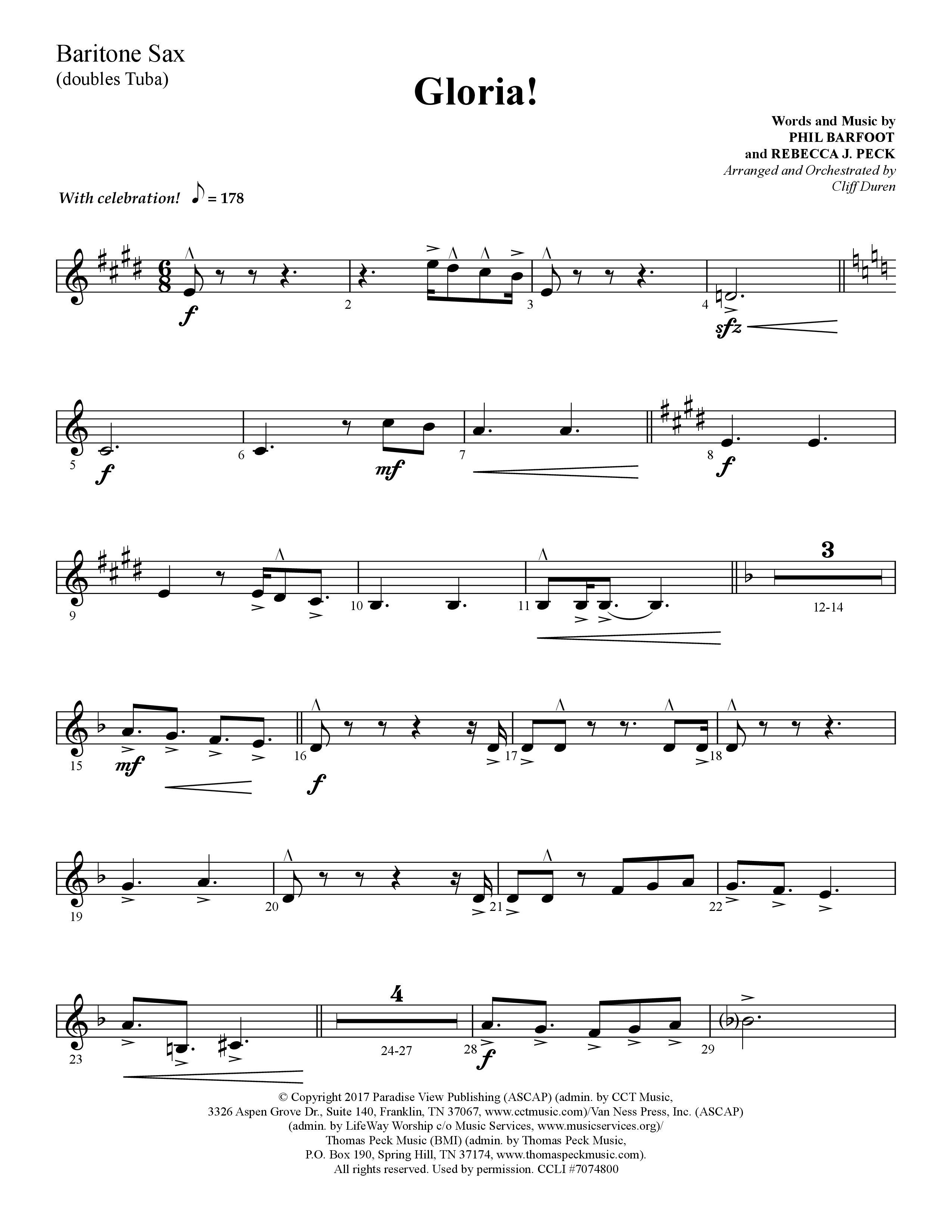 Gloria (Choral Anthem SATB) Bari Sax (Lifeway Choral / Arr. Cliff Duren)