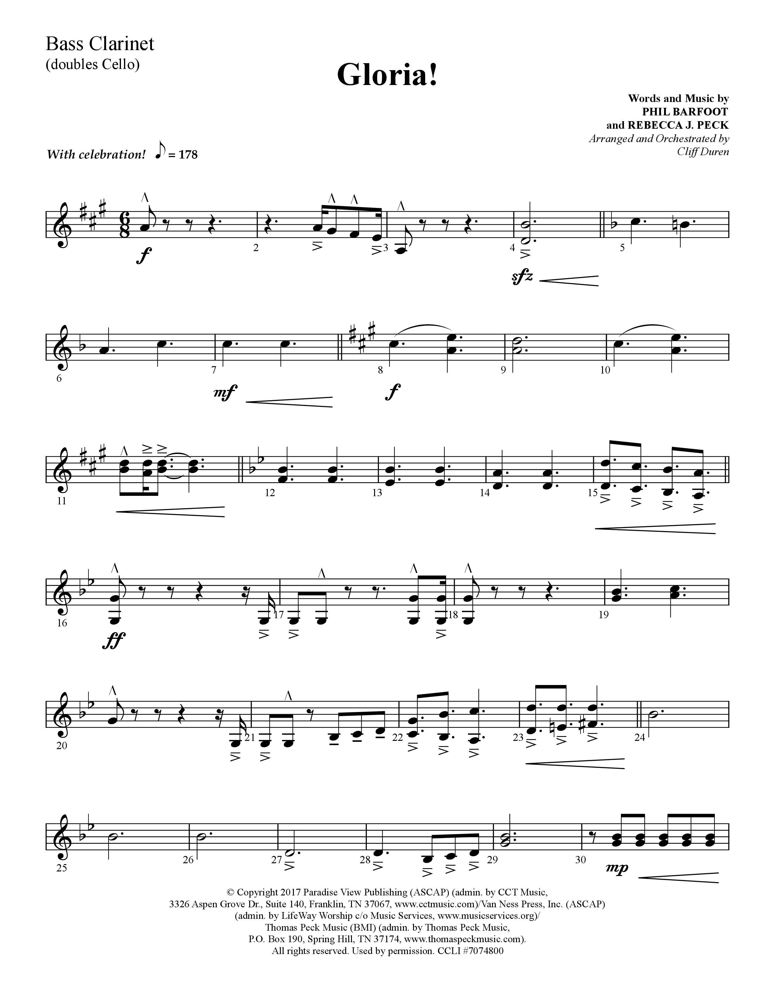Gloria (Choral Anthem SATB) Bass Clarinet (Lifeway Choral / Arr. Cliff Duren)