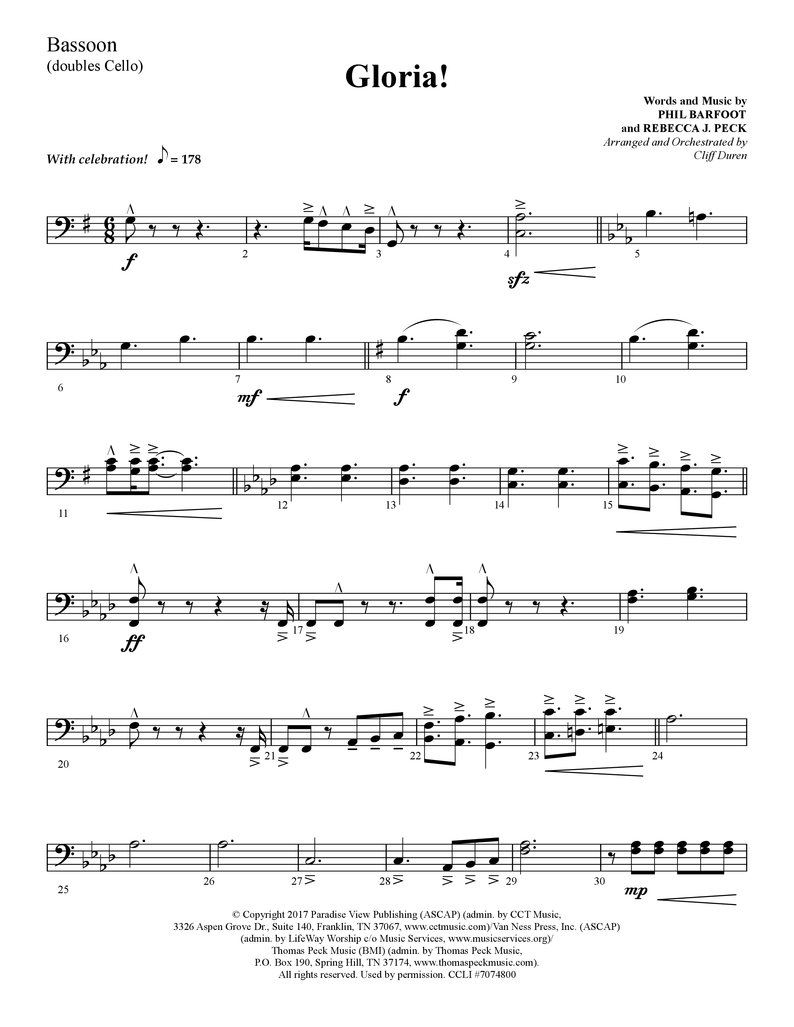 Gloria (Choral Anthem SATB) Bassoon (Lifeway Choral / Arr. Cliff Duren)