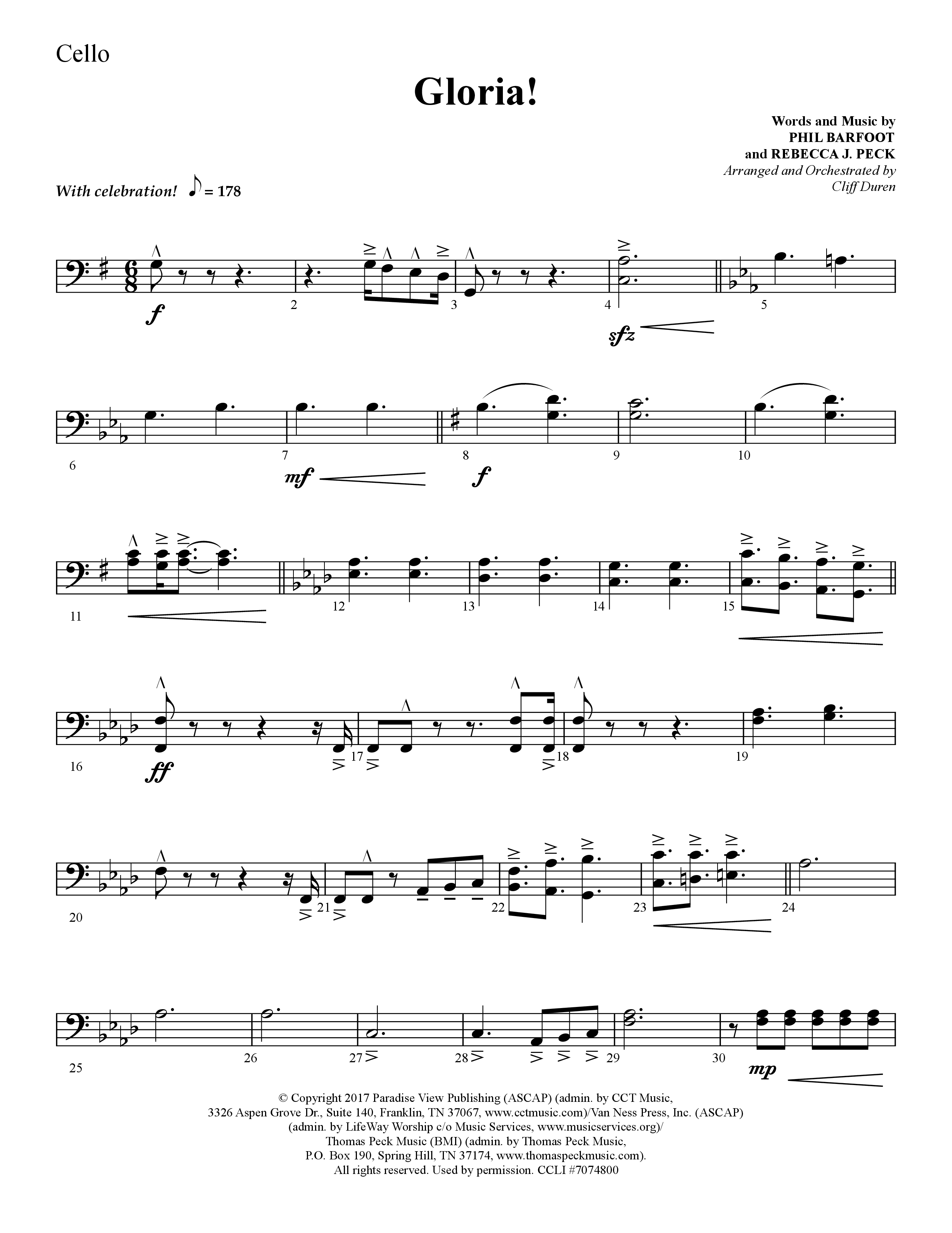 Gloria (Choral Anthem SATB) Cello (Lifeway Choral / Arr. Cliff Duren)