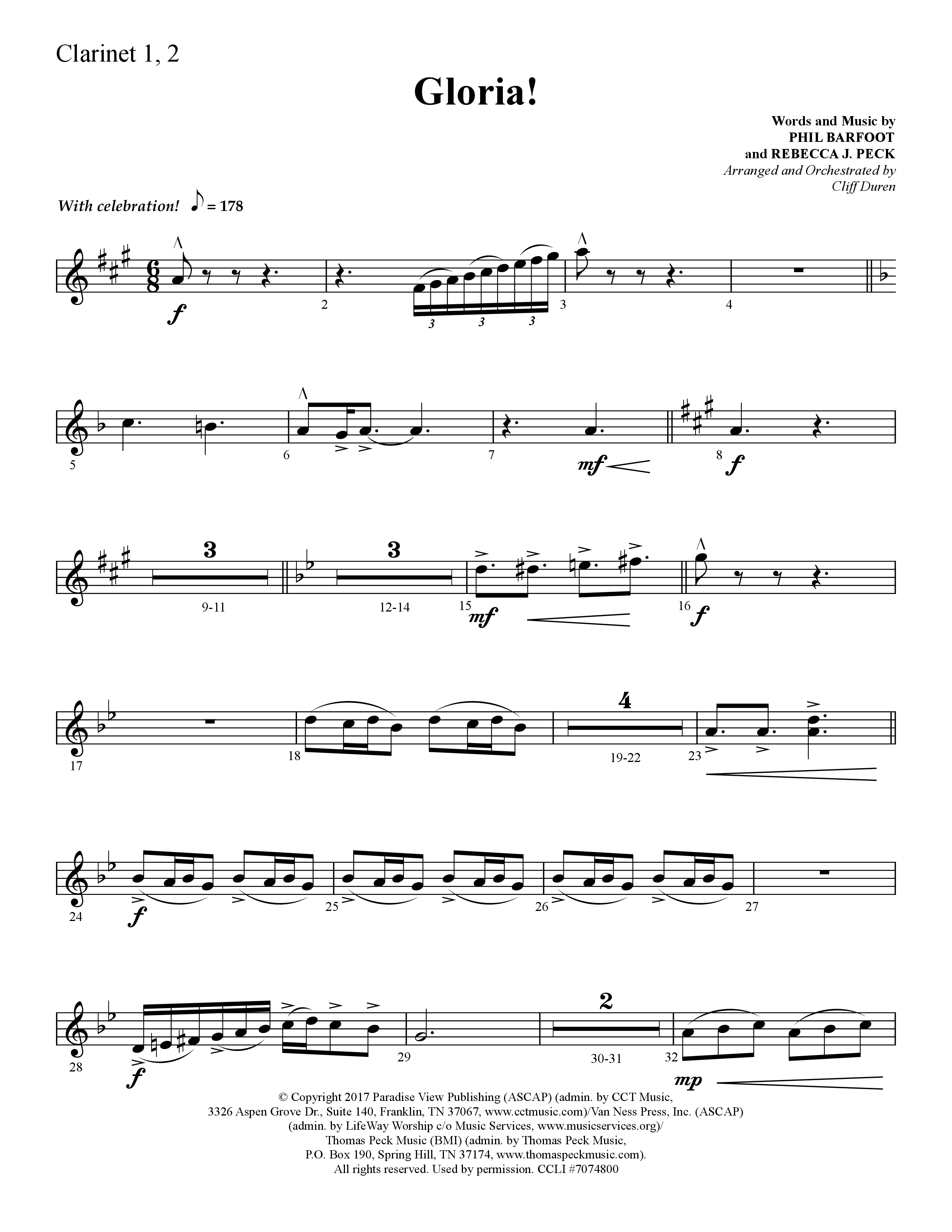 Gloria (Choral Anthem SATB) Clarinet 1/2 (Lifeway Choral / Arr. Cliff Duren)