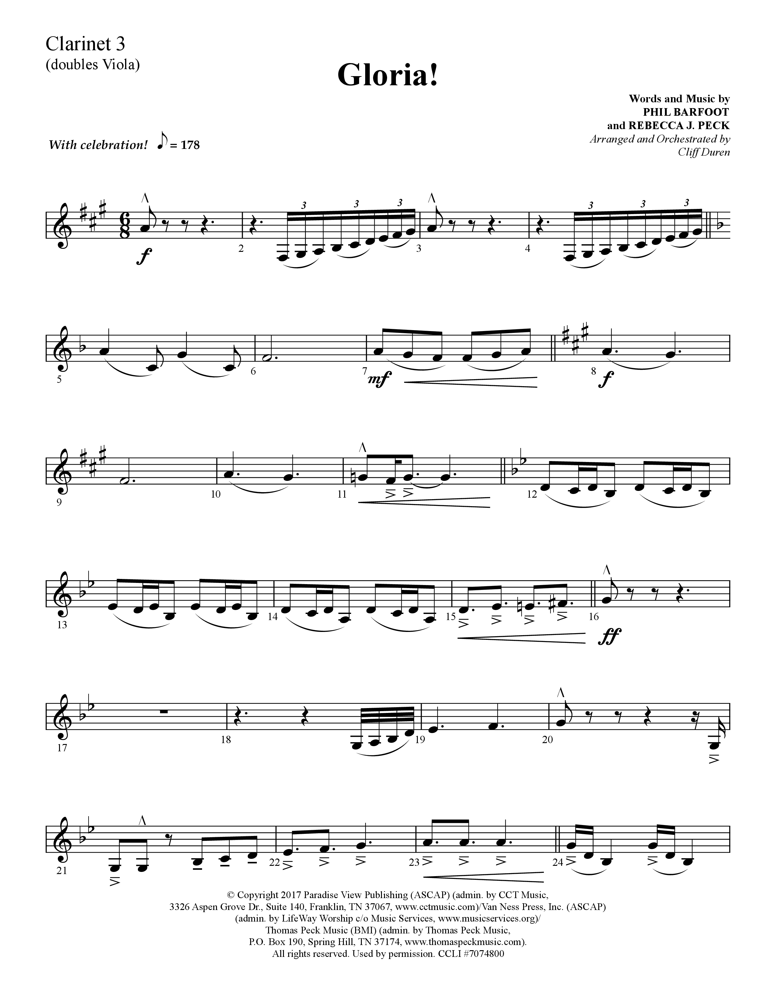 Gloria (Choral Anthem SATB) Clarinet 3 (Lifeway Choral / Arr. Cliff Duren)