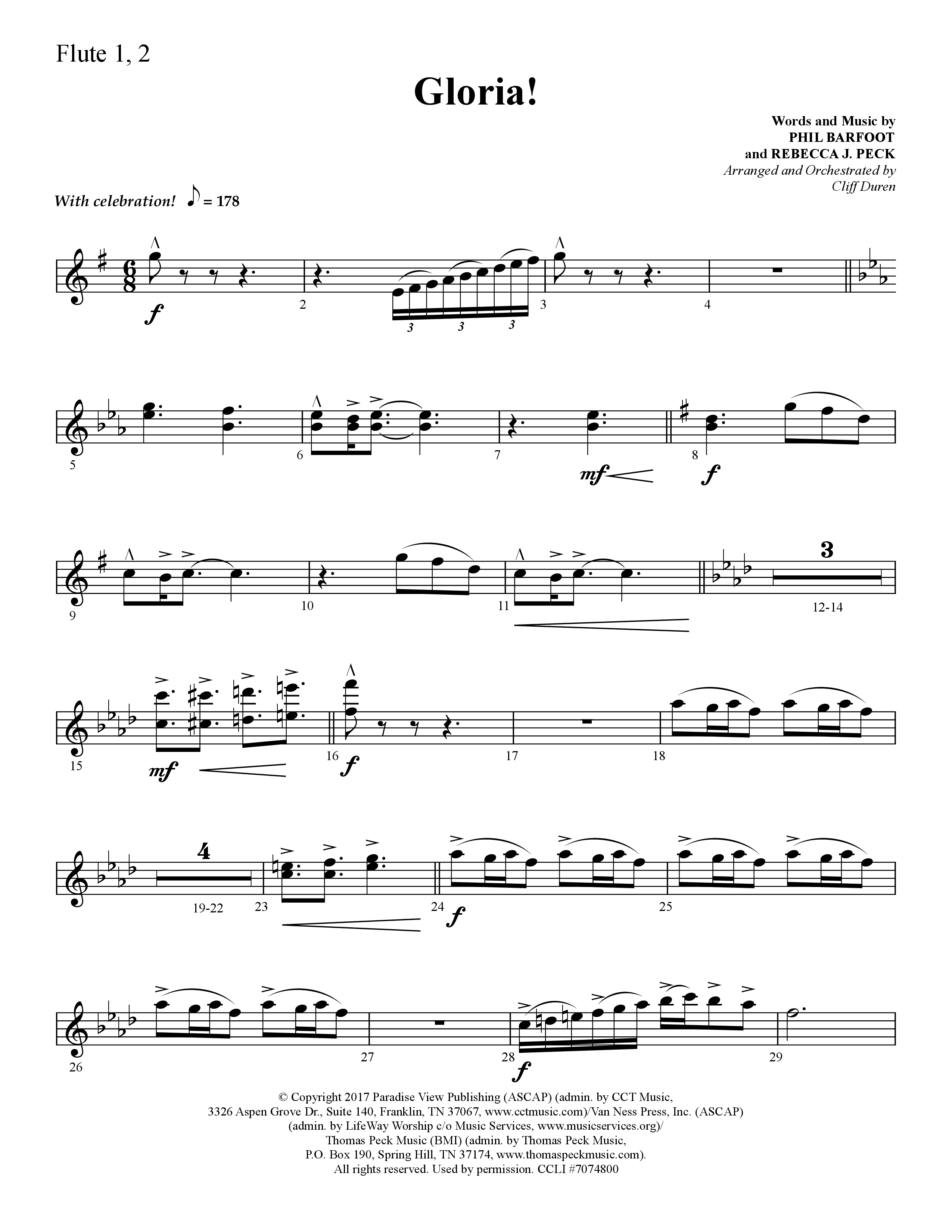 Gloria (Choral Anthem SATB) Flute 1/2 (Lifeway Choral / Arr. Cliff Duren)