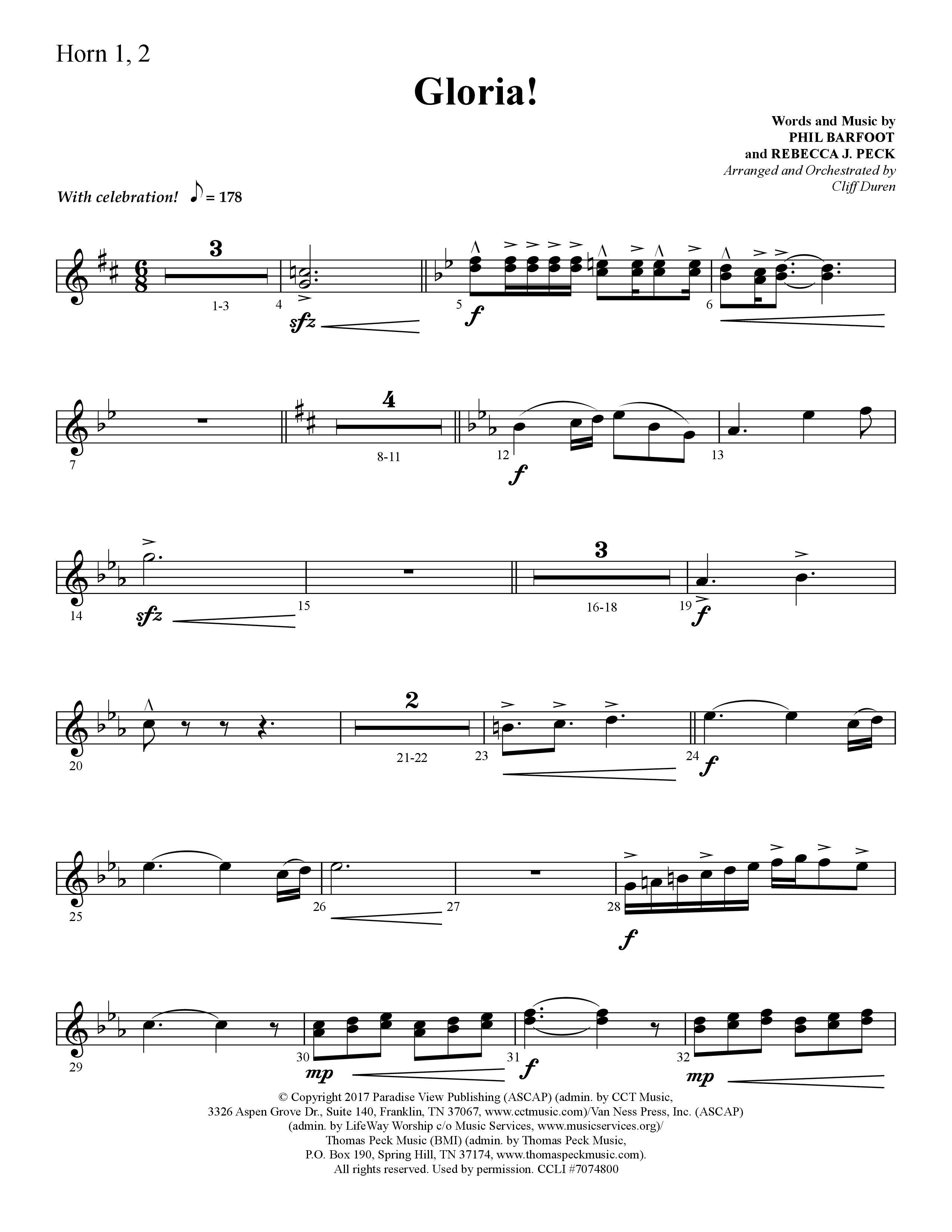 Gloria (Choral Anthem SATB) French Horn 1/2 (Lifeway Choral / Arr. Cliff Duren)